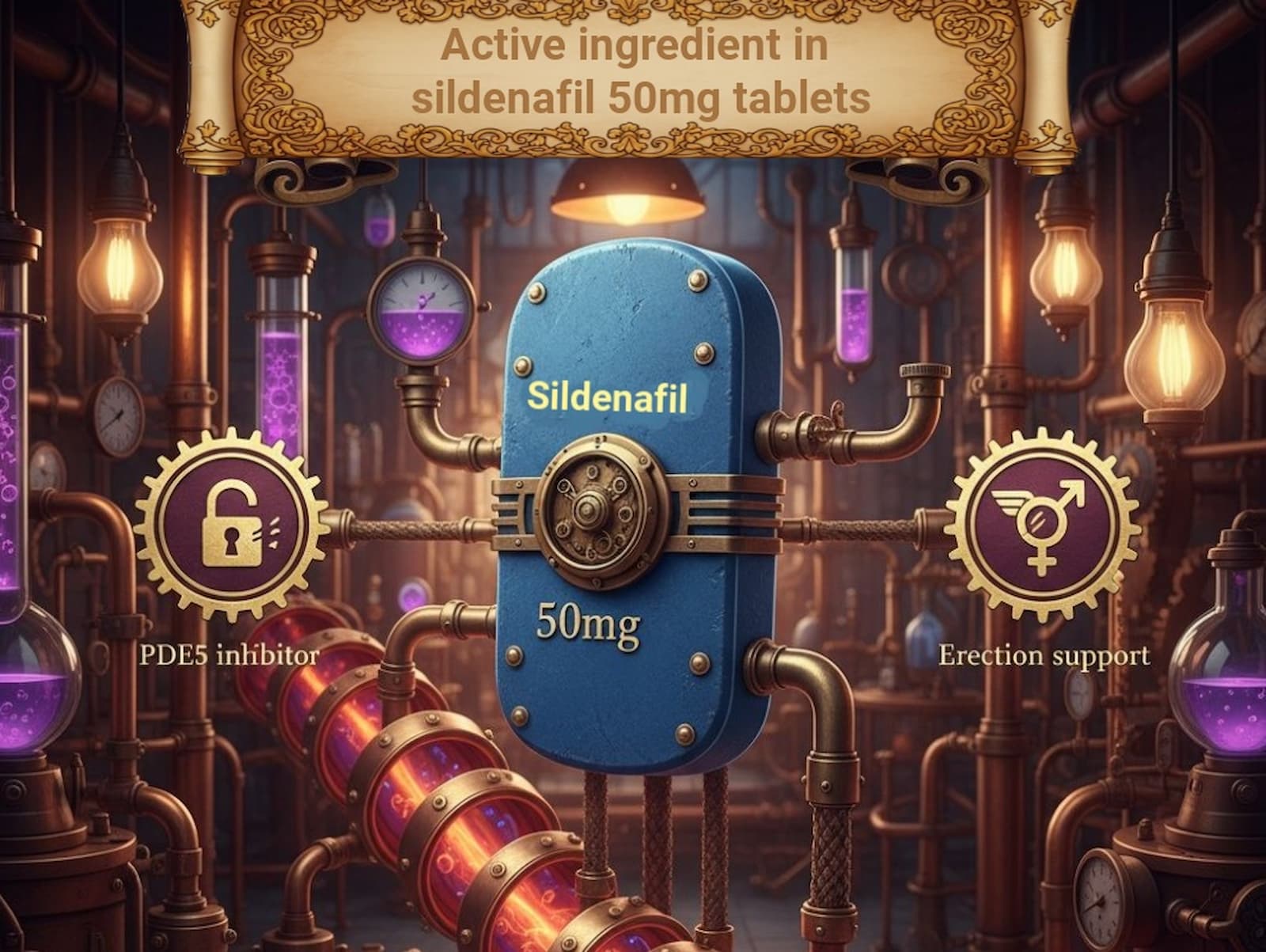 A large blue sildenafil 50mg tablet is displayed in a vintage laboratory setting, with icons illustrating its role as a PDE5 inhibitor and its benefit for erection support, featured by courierstaging.mystagingwebsite.com.