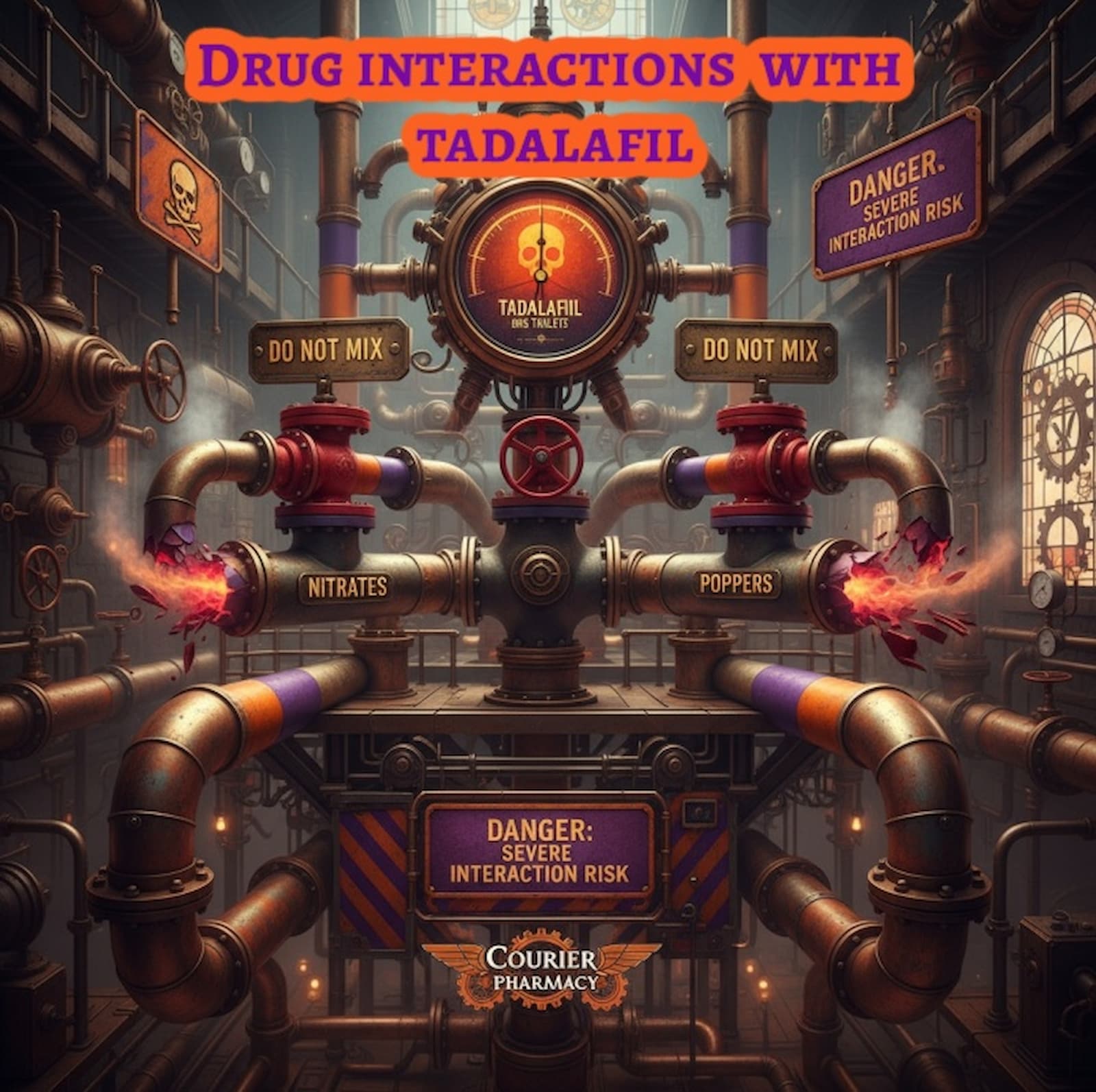Steampunk-style industrial pipes labelled “Nitrates” and “Poppers” with warning signs reading “Do Not Mix” and “Danger: Severe Interaction Risk,” illustrating drug interactions with Tadalafil. For more information visit courierstaging.mystagingwebsite.com.