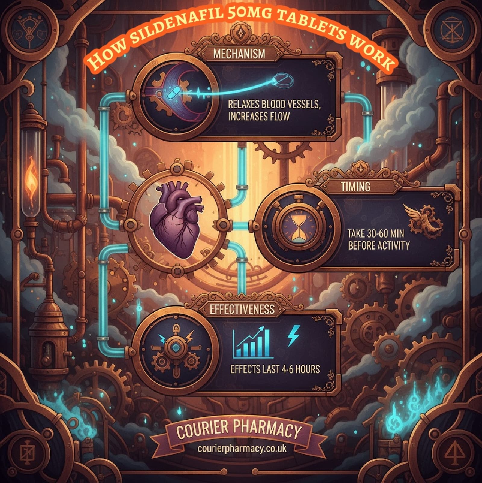 Infographic from courierstaging.mystagingwebsite.com showing how sildenafil 50mg tablets work, including the mechanism of relaxing blood vessels and increasing flow, recommended timing, and duration of effectiveness.