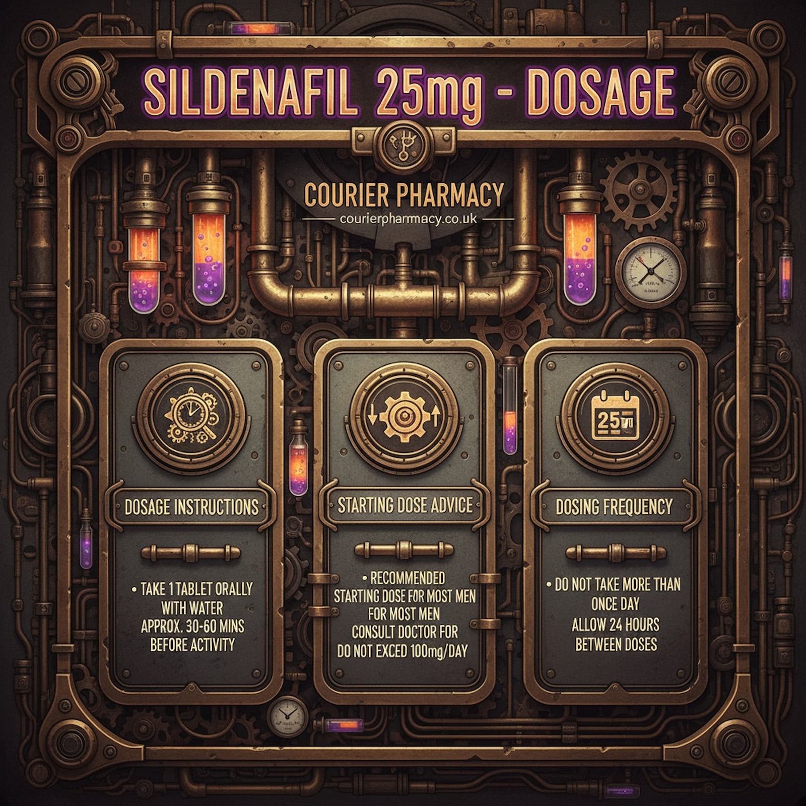 Infographic from courierstaging.mystagingwebsite.com detailing sildenafil 25mg dosage instructions, starting dose advice, and dosing frequency in a steampunk-inspired design.