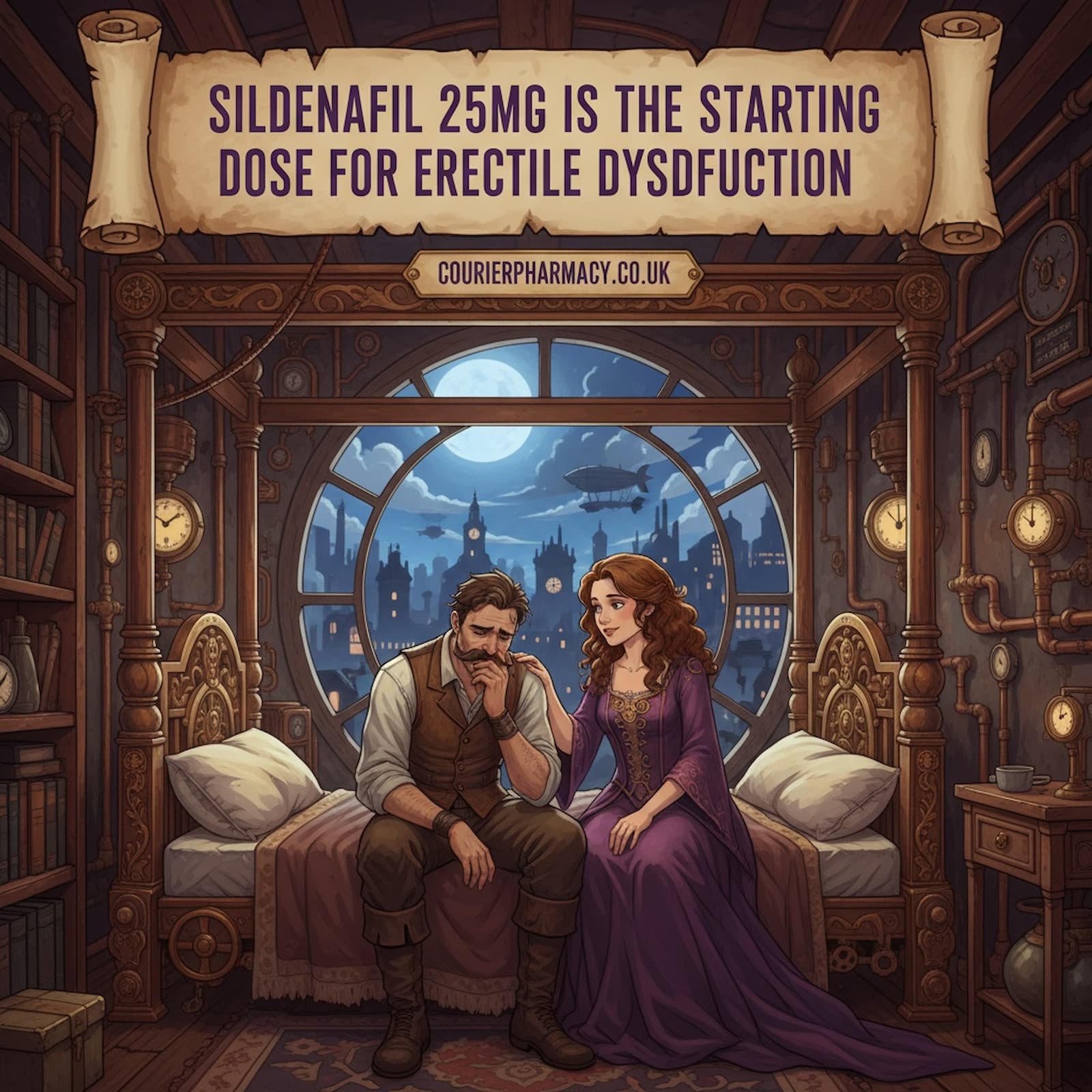 Illustration from courierstaging.mystagingwebsite.com showing a thoughtful man and a supportive woman sitting together in a steampunk-inspired bedroom, with the message “Sildenafil 25mg is the starting dose for erectile dysfunction.”