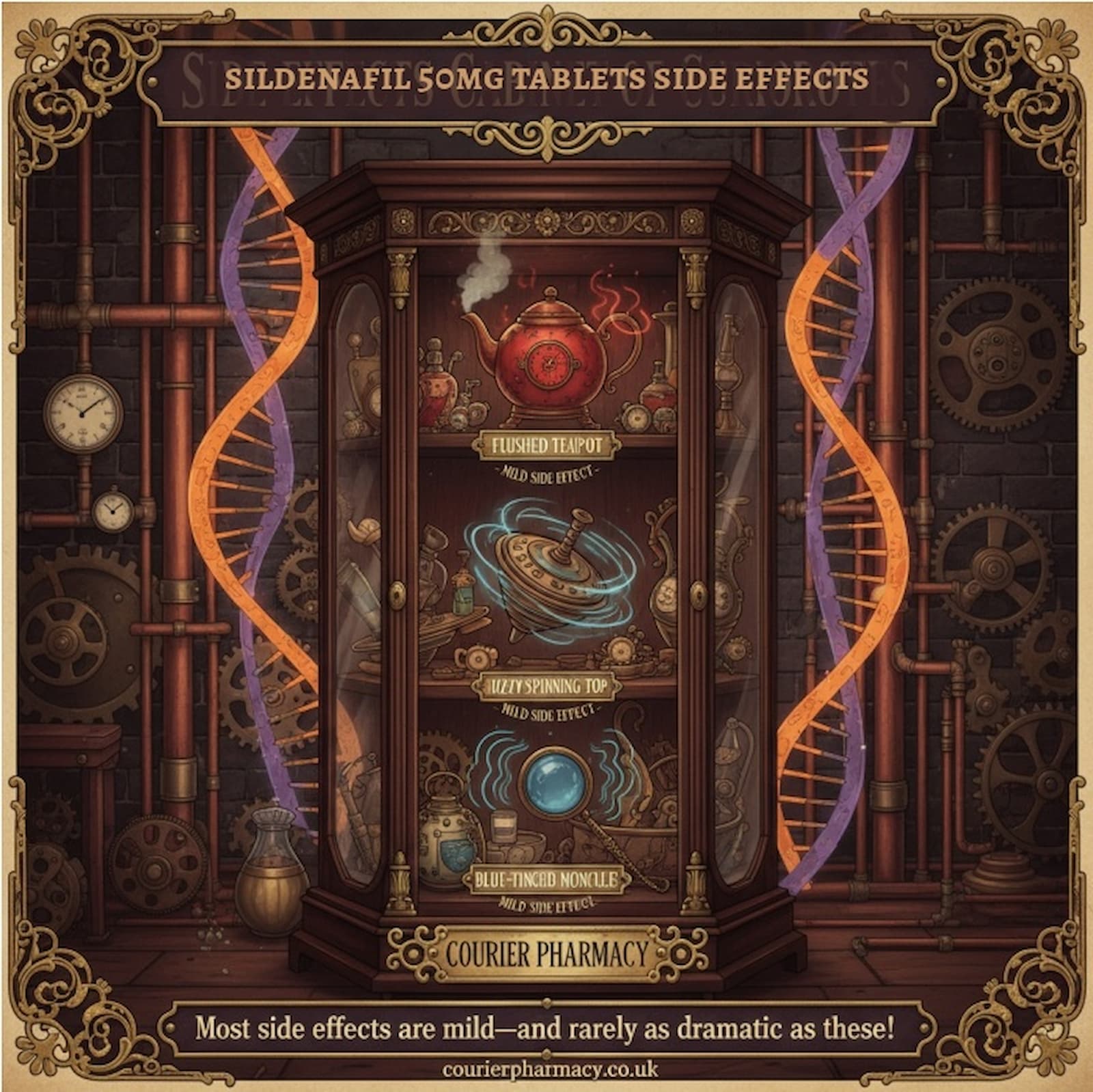 A whimsical steampunk cabinet displays visual metaphors for sildenafil 50mg tablet side effects, including a flushed teapot, dizzy spinning top, and blue-tinted monocle—information from courierstaging.mystagingwebsite.com.