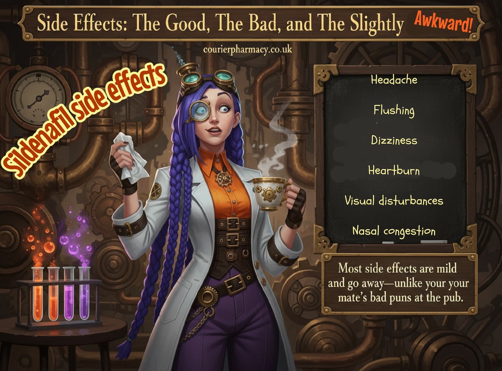 Dr. Rosalind Jex of courierstaging.mystagingwebsite.com stands in her steampunk laboratory, holding a steaming mug and a tissue, beside a list of common sildenafil side effects such as headache and dizziness, highlighting the importance of being aware of potential reactions. 