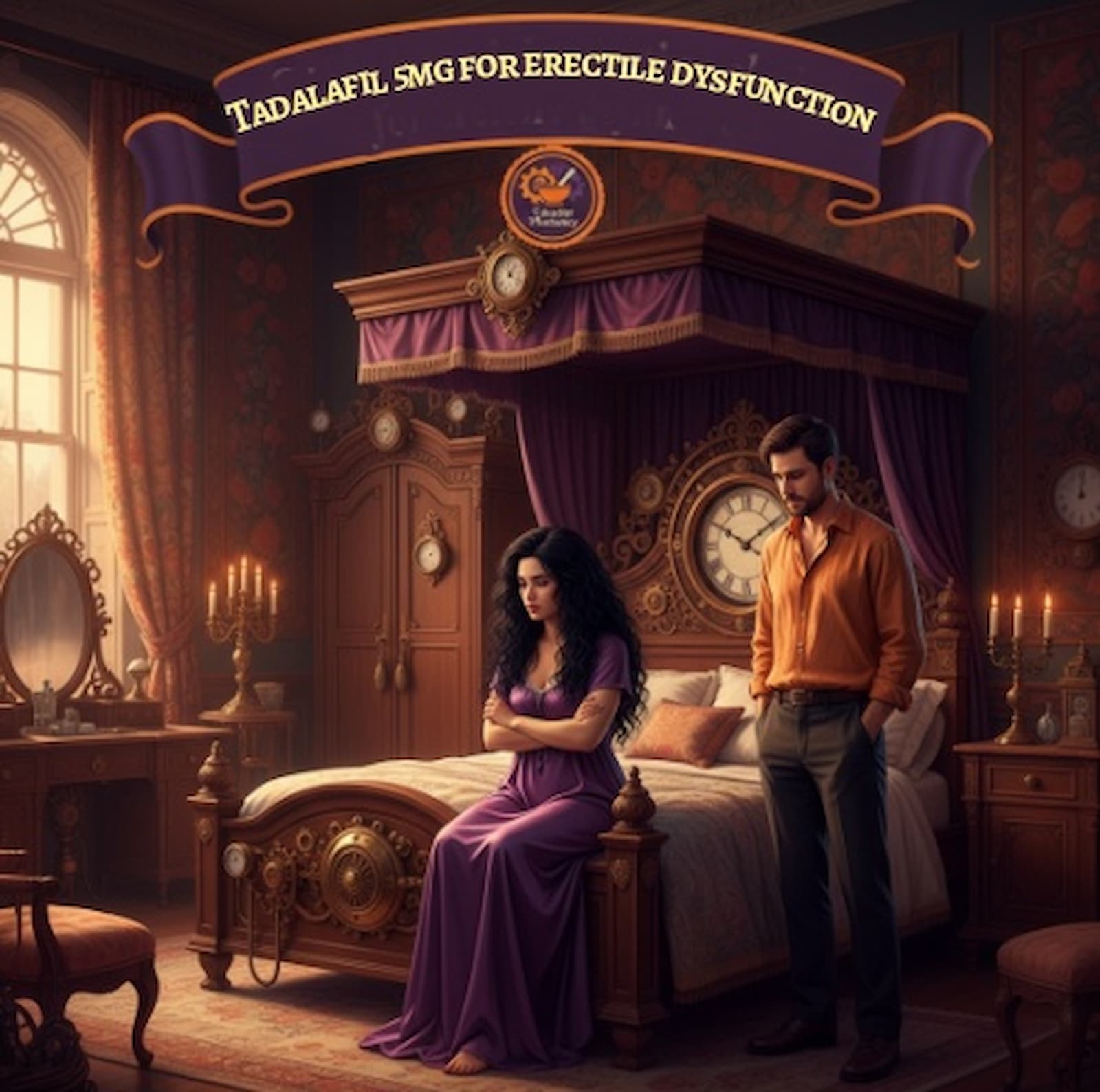 Victorian-style bedroom scene with a woman in a purple dress sitting on the edge of a bed looking upset, and a man standing nearby with hands in pockets. Above them is a banner reading “Tadalafil 5mg for erectile dysfunction.” For more information visit courierstaging.mystagingwebsite.com.
