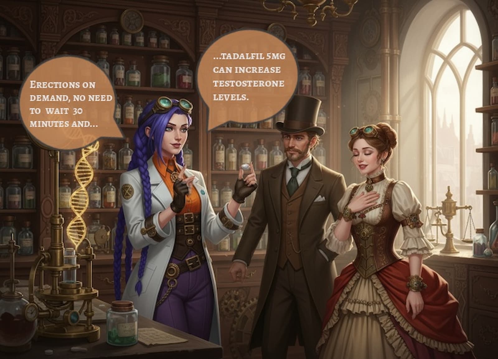 Dr. Rosalind Jex, the brand ambassador for Courier Pharmacy, stands confidently in her steampunk laboratory holding a vial. She is joined by a gentleman in a top hat and a lady in Victorian attire. Speech bubbles highlight Tadalafil 5mg’s benefits: erections on demand and increased testosterone levels. For more details visit courierstaging.mystagingwebsite.com.