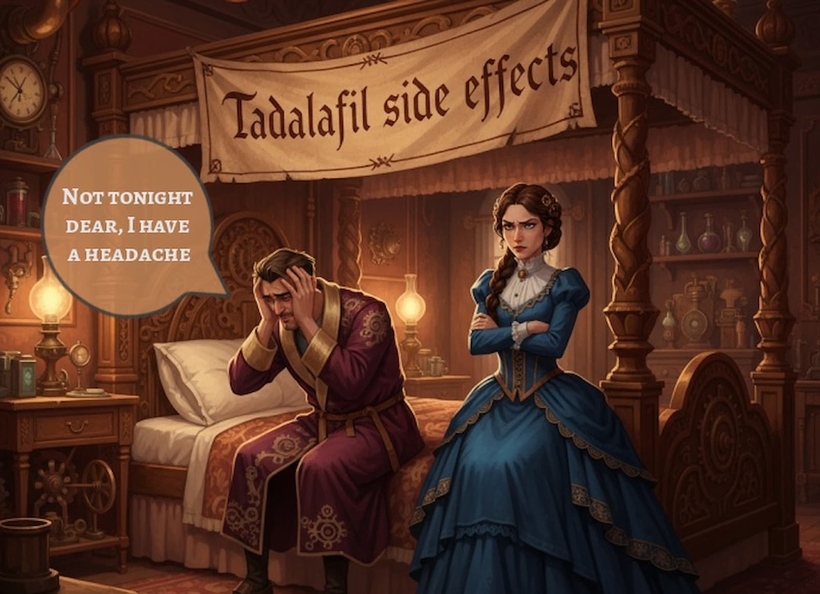 Victorian-style bedroom scene with a man sitting on the edge of a bed holding his head in pain, and a woman standing nearby with arms crossed and an unhappy expression. A banner above reads “Tadalafil side effects,” and a speech bubble says “Not tonight dear, I have a headache.” For more information visit courierstaging.mystagingwebsite.com.