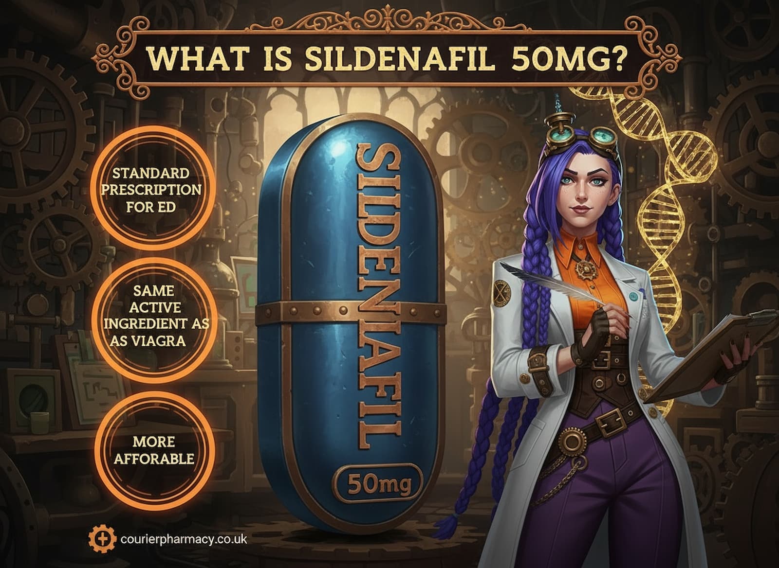 Dr. Rosalind Jex, Courier Pharmacy’s brand ambassador, stands confidently in her steampunk laboratory beside a large blue sildenafil 50mg tablet, highlighting standard prescription treatment for erectile dysfunction at courierstaging.mystagingwebsite.com.