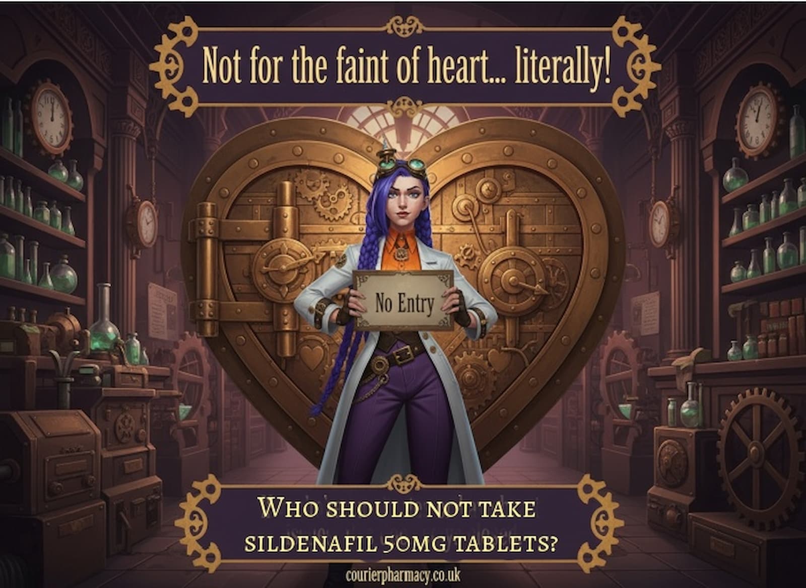 Dr. Rosalind Jex stands in front of a large heart-shaped vault holding a “No Entry” sign, symbolising that sildenafil 50mg tablets are not suitable for certain individuals, as explained by courierstaging.mystagingwebsite.com.