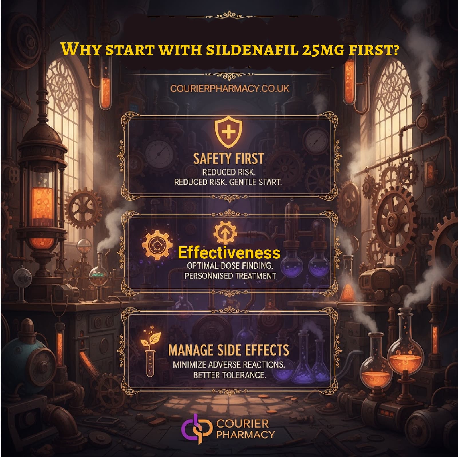 Infographic from courierstaging.mystagingwebsite.com explaining why it’s best to start with sildenafil 25mg tablets, showing the benefits of safety, effectiveness, and side effect management in a steampunk-inspired laboratory setting.