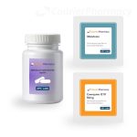 Product image showing a white bottle of Naltrexone hydrochloride capsules and two oral buccal film sachets—one for Melatonin and one for Coenzyme Q10 50mg—branded for Courier Pharmacy and APC Labs, designed for 3R CFS treatplan for ME/CFS management. Exclusive to courierstaging.mystagingwebsite.com