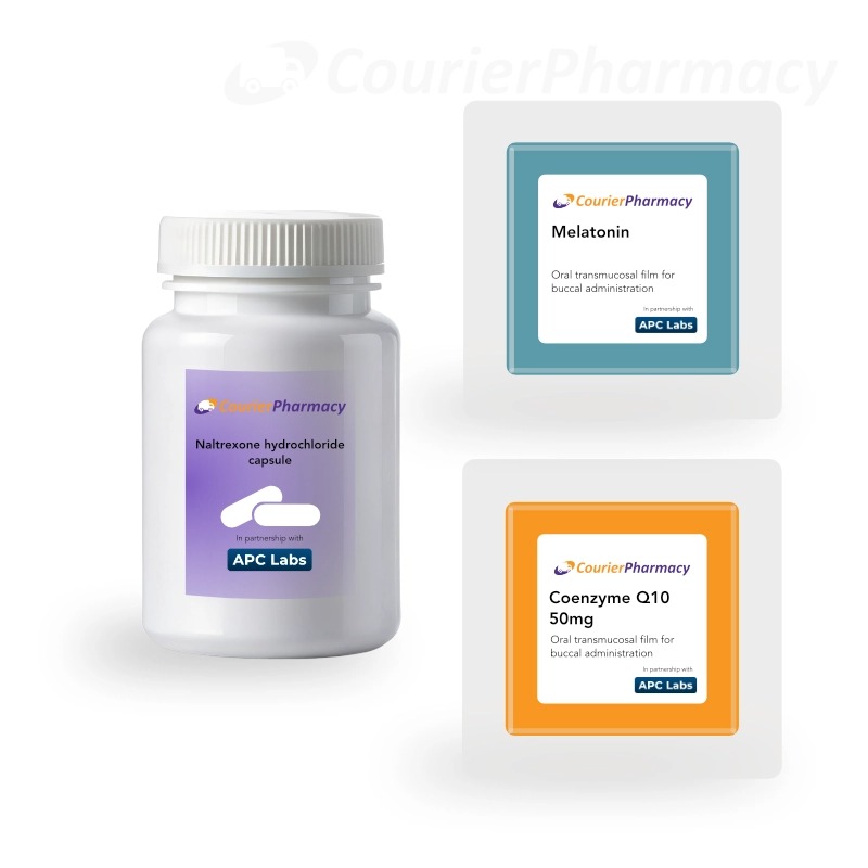 Product image showing a white bottle of Naltrexone hydrochloride capsules and two oral buccal film sachets—one for Melatonin and one for Coenzyme Q10 50mg—branded for Courier Pharmacy and APC Labs, designed for 3R CFS treatplan for ME/CFS management. Exclusive to courierstaging.mystagingwebsite.com