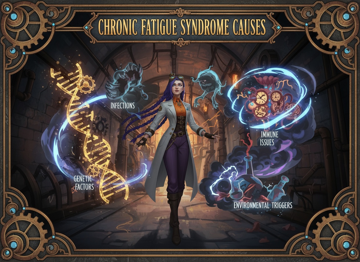 Understanding chronic fatigue syndrome causes with Dr. Rosalind Jex | courierstaging.mystagingwebsite.com Dr. Rosalind Jex stands confidently in her laboratory, surrounded by symbolic depictions of chronic fatigue syndrome causes— infections, genetic factors, immune system issues, and environmental triggers—illustrating expert insights from courierstaging.mystagingwebsite.com.