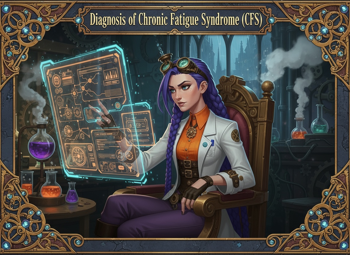 Diagnosis of Chronic Fatigue Syndrome (CFS) with Dr. Rosalind Jex at courierstaging.mystagingwebsite.com Dr. Rosalind Jex, brand ambassador for courierstaging.mystagingwebsite.com, analyses complex digital diagnostic charts in her steampunk laboratory, illustrating the careful process of diagnosing Chronic Fatigue Syndrome (CFS).