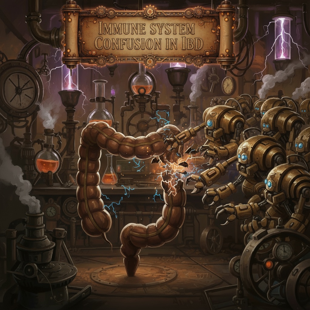 A steampunk laboratory scene showing robotic arms attacking a stylised human colon, representing immune system confusion in inflammatory bowel disease (IBD). The background features gears, pipes, and electrical effects. Image by courierstaging.mystagingwebsite.com.