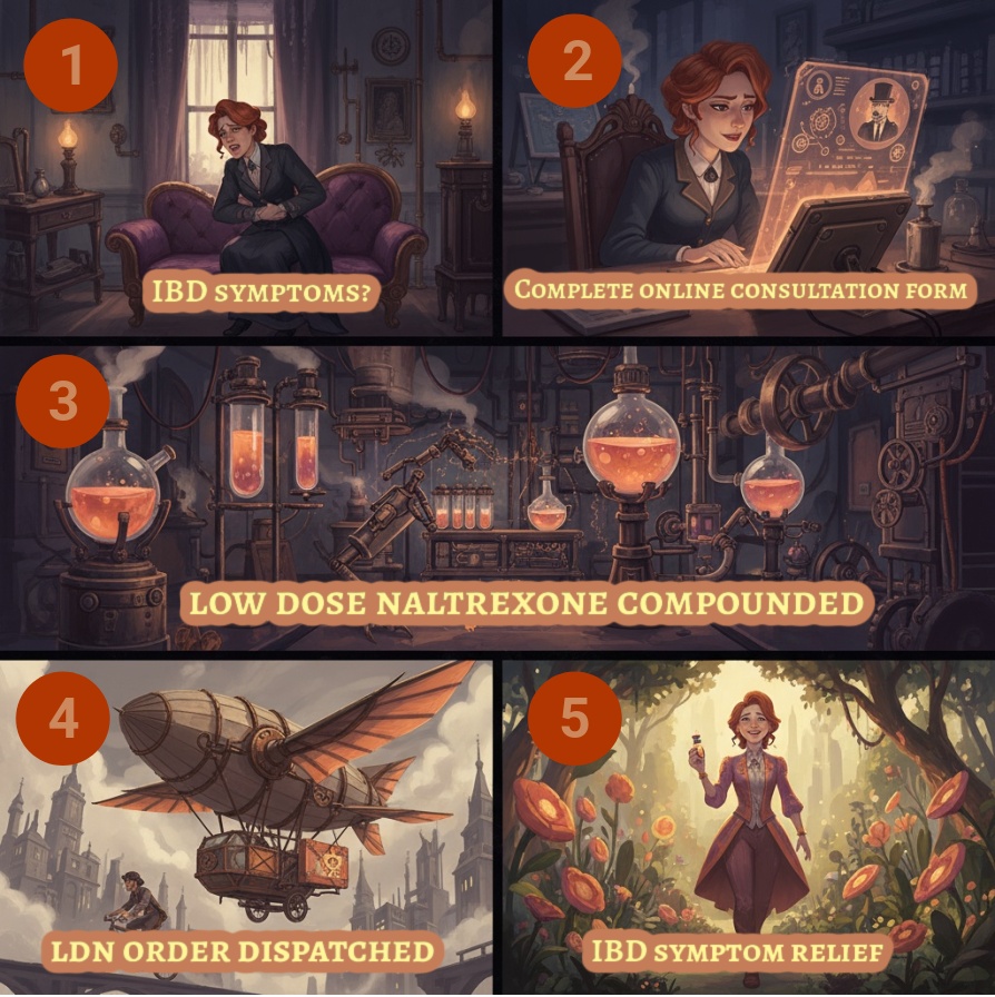 A five-panel infographic showing the process of ordering low-dose naltrexone (LDN) for IBD through courierstaging.mystagingwebsite.com: a woman with IBD symptoms, completing an online consultation, LDN being compounded in a lab, the medicine dispatched by airship, and the woman smiling with symptom relief in a sunny park.