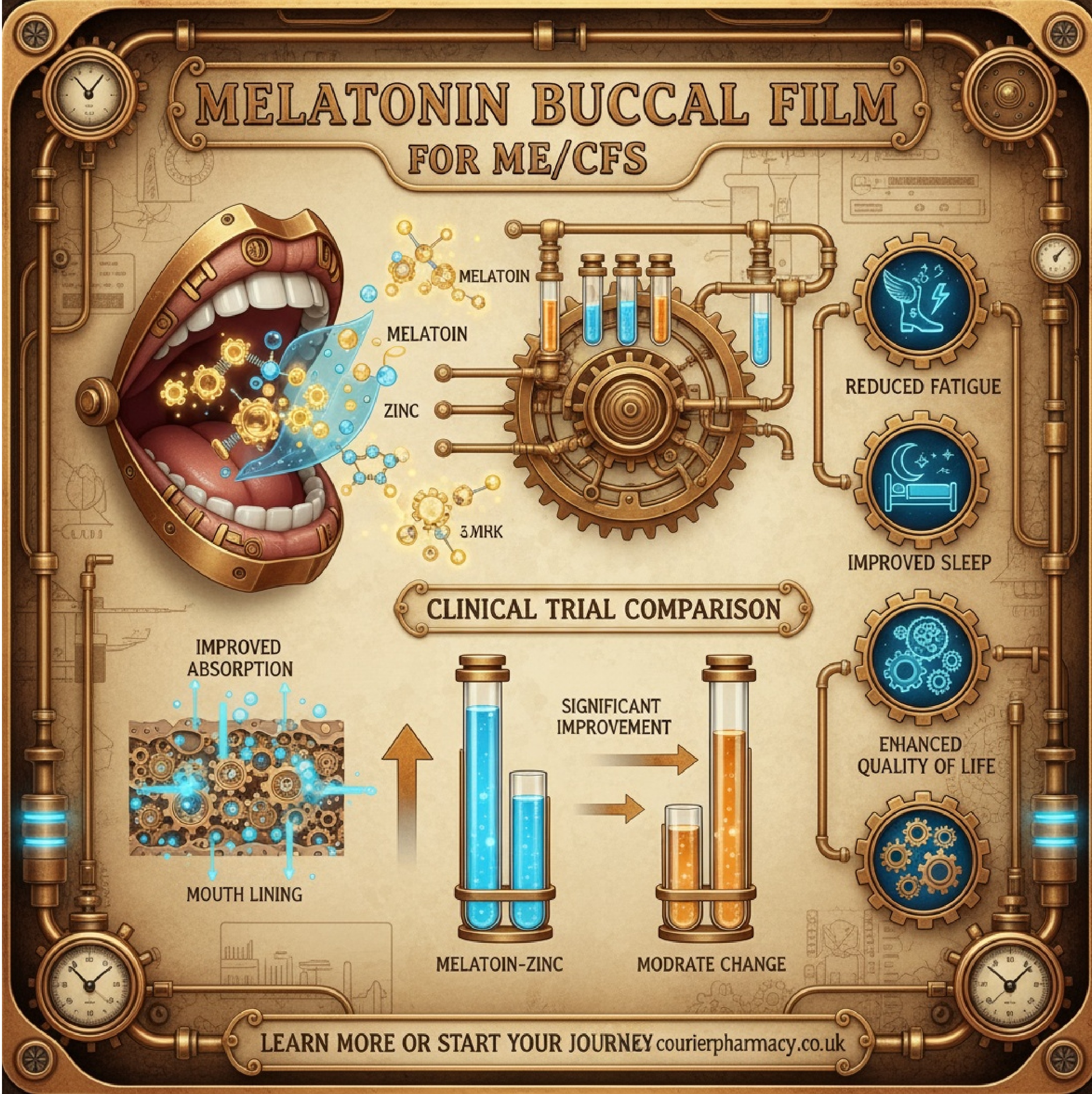 Melatonin buccal film for ME/CFS: improved absorption and clinical benefits | courierstaging.mystagingwebsite.com Steampunk-style infographic showing a melatonin buccal film dissolving in a mouth, with visual elements for zinc, improved absorption through the mouth lining, and icons representing reduced fatigue, better sleep, enhanced quality of life, and results from a clinical trial—created for courierstaging.mystagingwebsite.com.