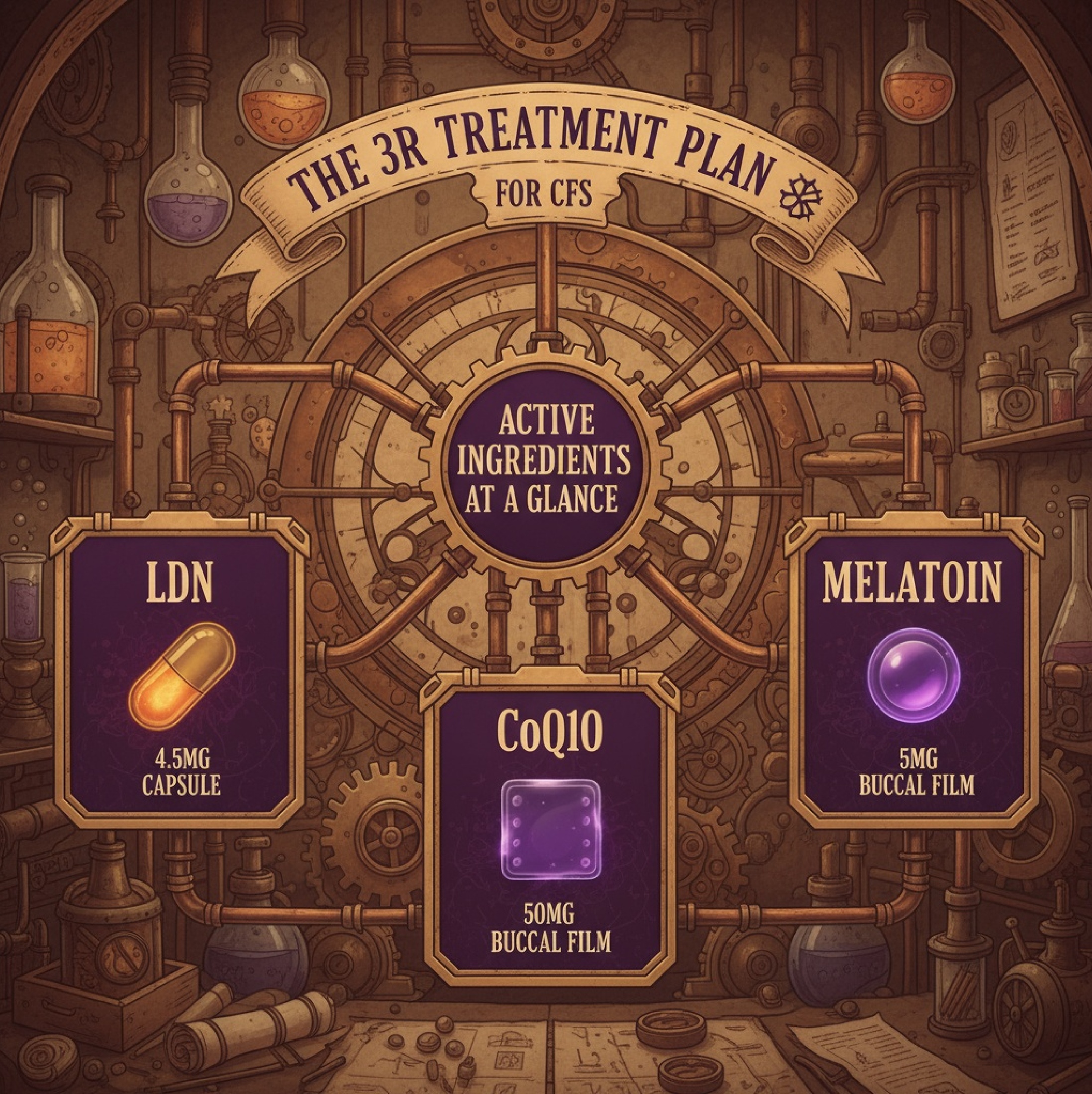 Steampunk-style infographic showing the active ingredients of the 3R treatment plan for CFS: Low Dose Naltrexone (4.5mg capsule), Coenzyme Q10 (50mg buccal film), and Melatonin (5mg buccal film), set against a detailed laboratory background. By courierstaging.mystagingwebsite.com