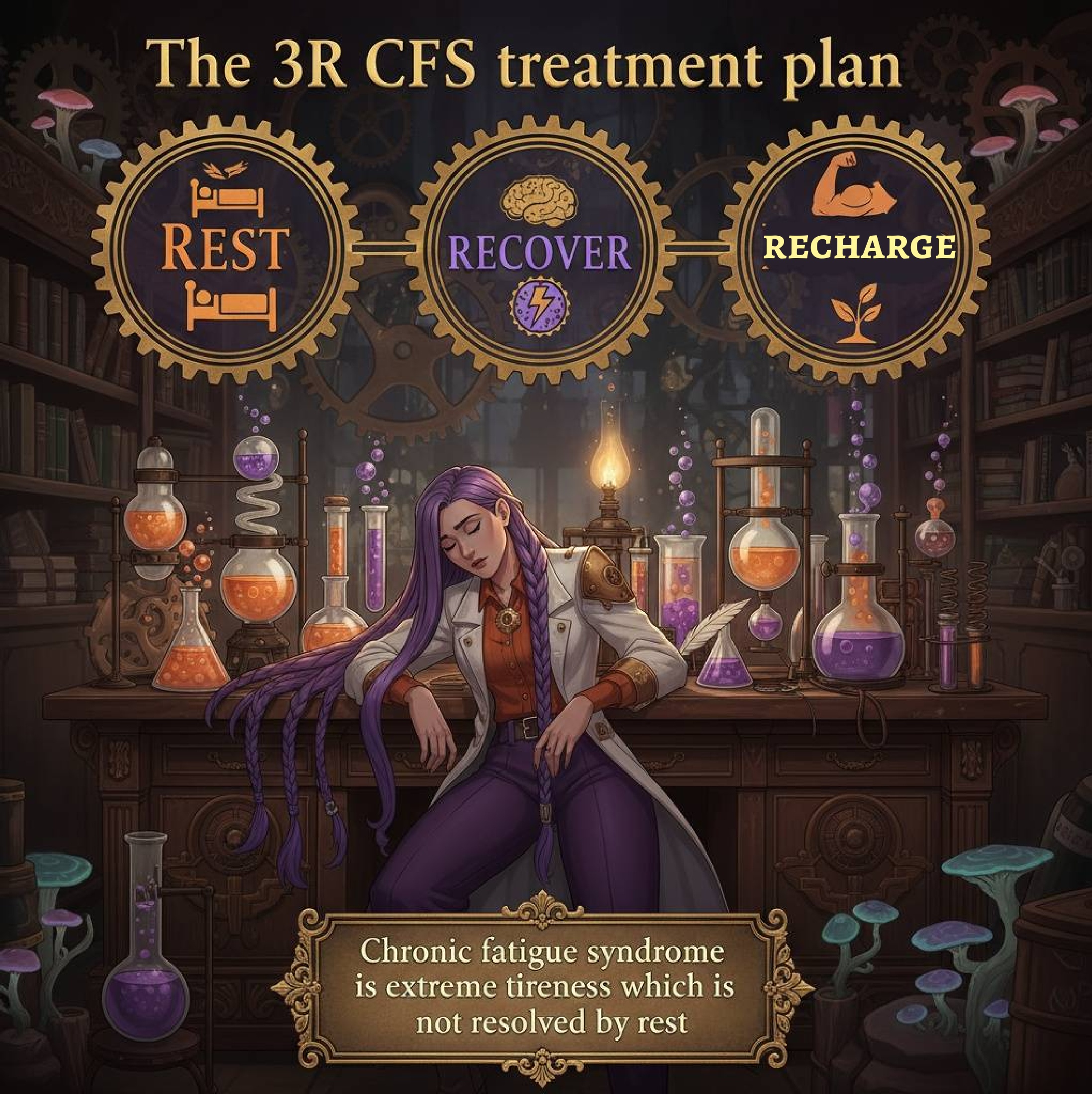 Dr. Rosalind Jex sits in her steampunk laboratory surrounded by beakers and test tubes, beneath icons for the 3R CFS treatment plan—Rest, Recover, Recharge—highlighting the challenge of chronic fatigue syndrome as tiredness not resolved by rest, for courierstaging.mystagingwebsite.com.