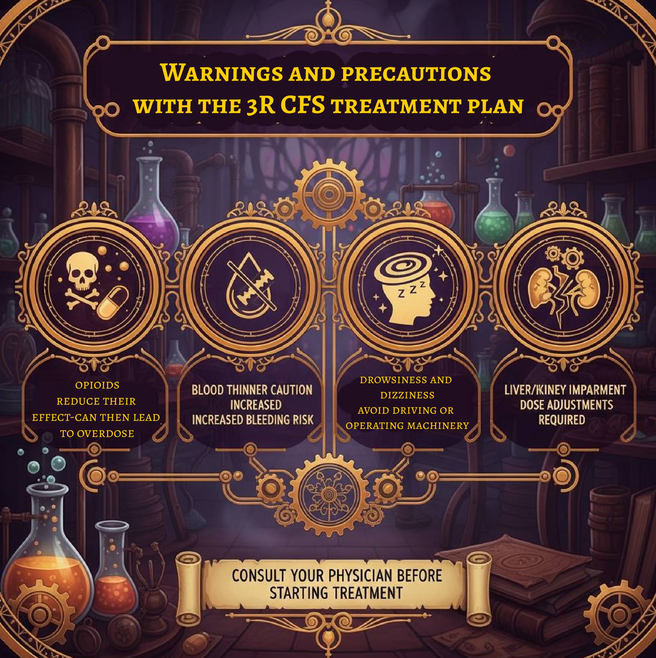 Steampunk-style infographic showing warnings and precautions for the 3R CFS treatment plan, with icons for opioid caution, blood thinner risks, drowsiness, and liver/kidney impairment, set in a laboratory with gears and glassware. By courierstaging.mystagingwebsite.com