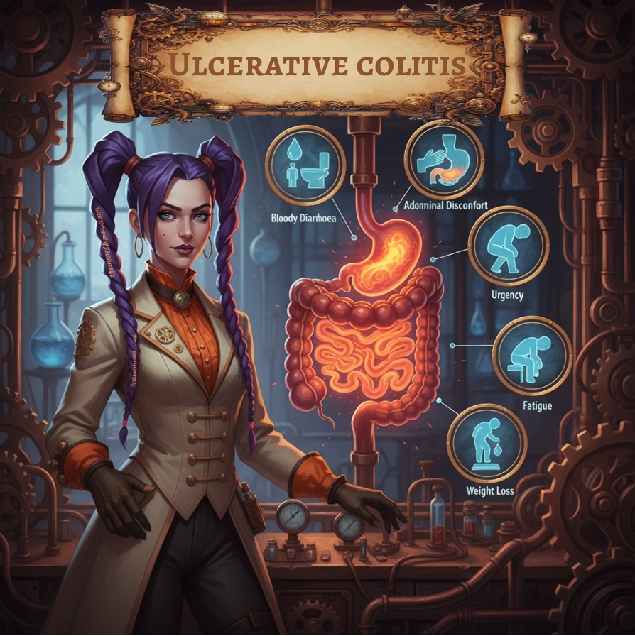 A female pharmacist in a Victorian-inspired lab coat stands beside a glowing diagram of the colon, highlighting inflammation typical of ulcerative colitis. Icons show key symptoms: bloody diarrhoea, abdominal discomfort, urgency, fatigue, and weight loss. Image by courierstaging.mystagingwebsite.com.