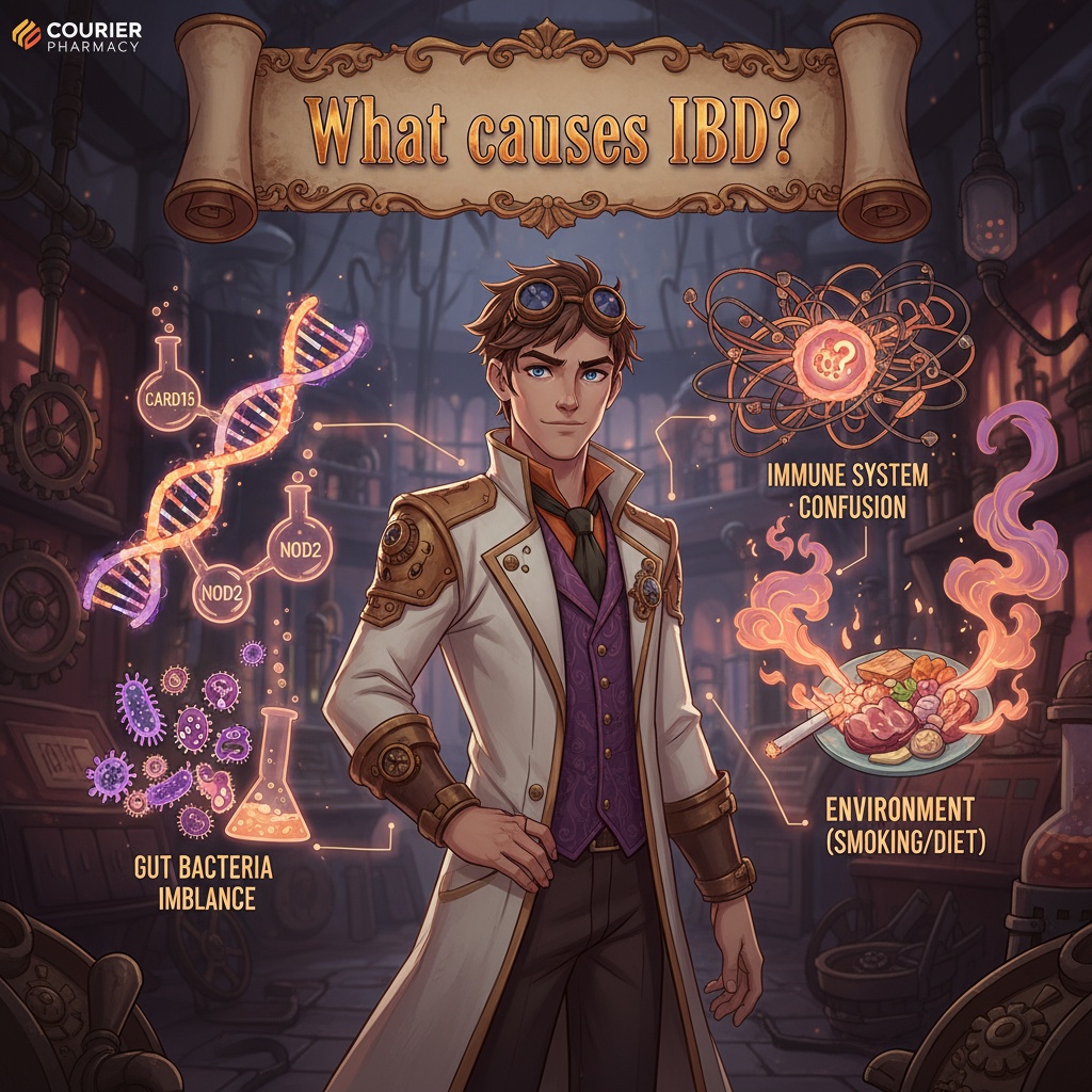 A male pharmacist in a Victorian-inspired lab coat stands in a steampunk laboratory, surrounded by illustrated causes of inflammatory bowel disease (IBD): genetic factors (CARD15, NOD2), gut bacteria imbalance, immune system confusion, and environmental triggers like smoking and diet. Infographic by courierstaging.mystagingwebsite.com.