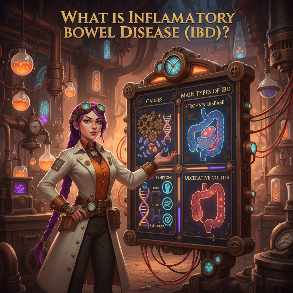 A confident female pharmacist with two long purple braids stands in a Victorian steampunk laboratory, pointing to a glowing board that explains the causes, symptoms, and main types of inflammatory bowel disease (IBD), including Crohn’s disease and ulcerative colitis. Infographic by courierstaging.mystagingwebsite.com.