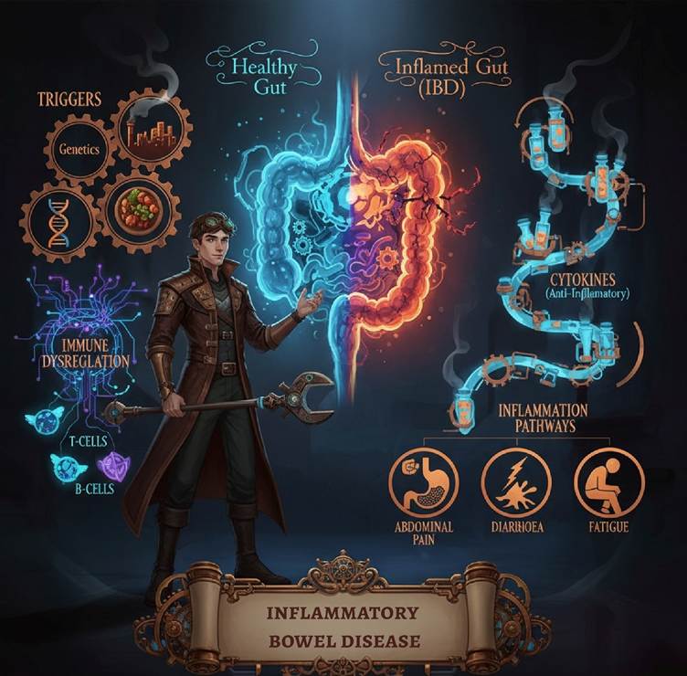 The infographic shows a detailed digestive tract from mouth to anus, highlighting inflammation hotspots such as strictures, fistulas, ulcers, granulomas, and the terminal ileum. It includes glowing icons representing key cytokines (IL-12, IL-17, TNF-alpha, IFN-gamma) and immune cells (antigen-presenting cells, macrophages, Th1 cells). The title “Crohn’s disease” is displayed on an ornate steampunk scroll. The background is a moody, painterly Arcane-inspired lab setting. This visual aids understanding of Crohn’s disease immune mechanisms and gut inflammation for patients and healthcare professionals.This art has been created by courierstaging.mystagingwebsite.com