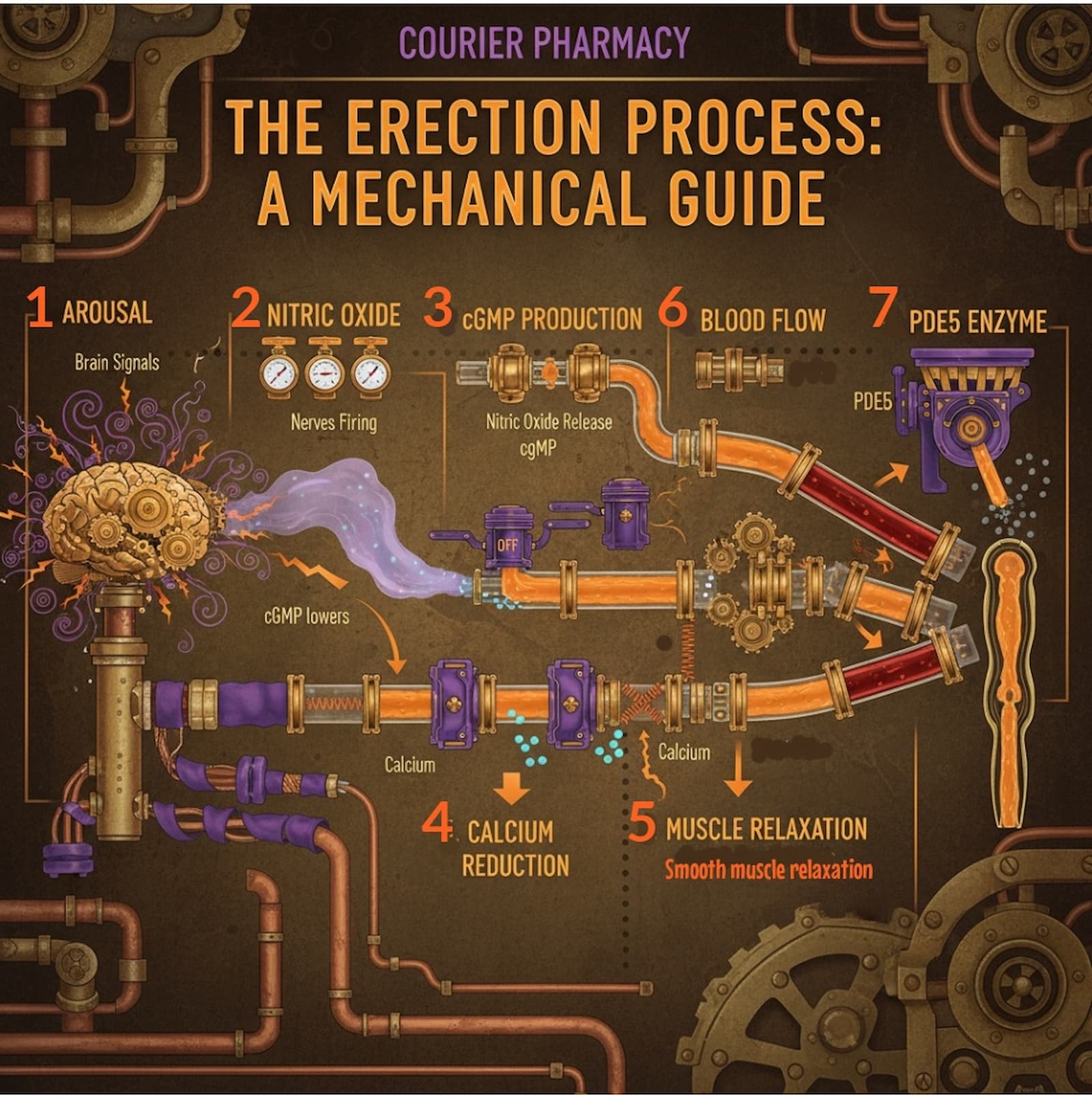 A steampunk-style infographic illustrating the erection process as a mechanical guide. It shows brain signals triggering nitric oxide release, cGMP production, calcium reduction, muscle relaxation, increased blood flow, and PDE5 enzyme activity. The image visually explains the biological steps behind an erection relevant to understanding how Tadalafil 5mg works. More at https://courierstaging.mystagingwebsite.com