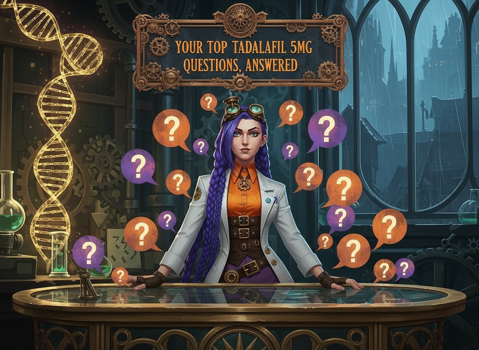 Dr. Rosalind Jex, with vibrant purple braids and a confident expression, stands behind a steampunk laboratory desk surrounded by orange and purple question mark bubbles. The scene highlights her role as the expert answering top Tadalafil 5mg questions for Courier Pharmacy. Visit https://courierstaging.mystagingwebsite.com for more.