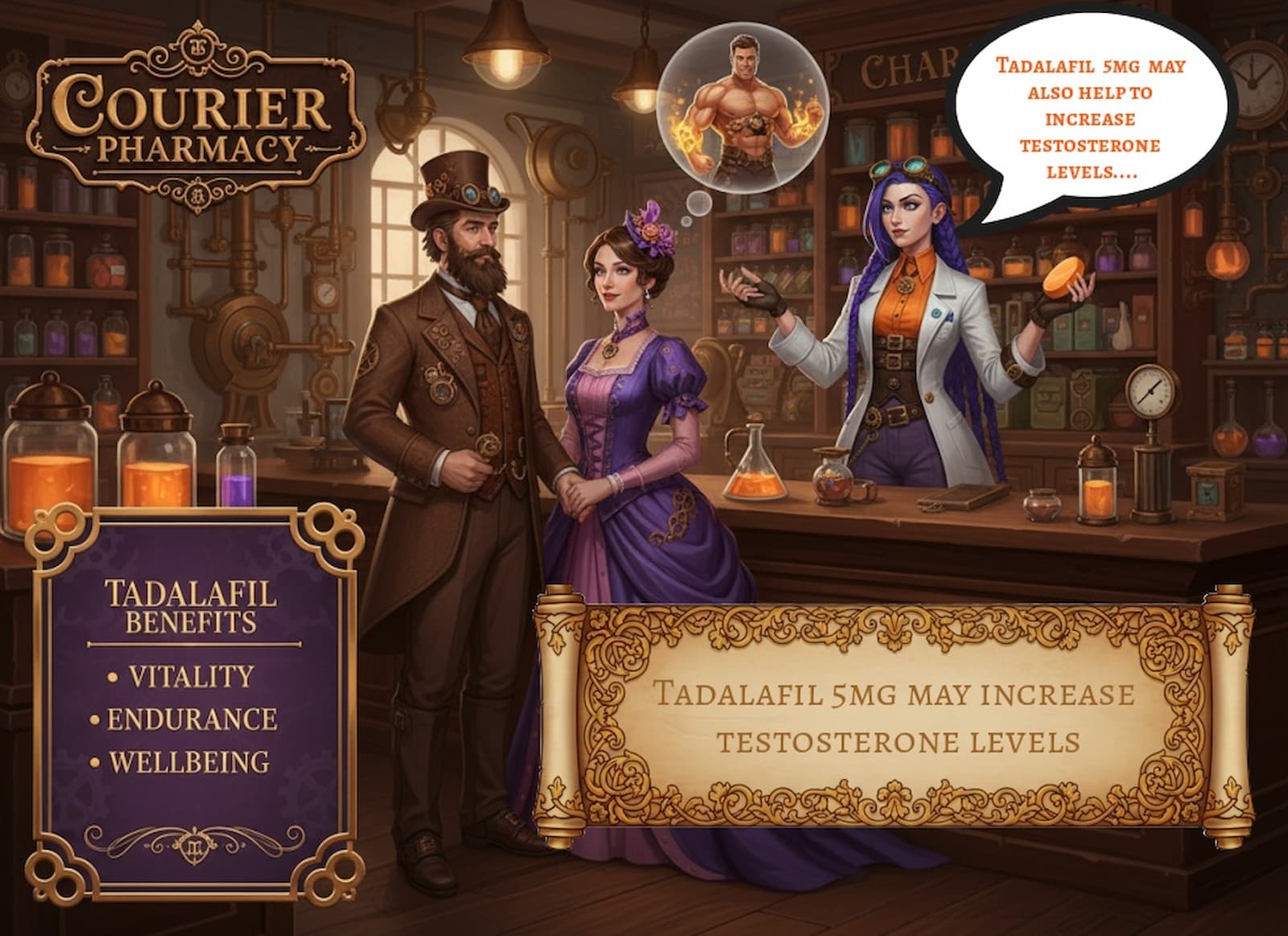 Dr. Rosalind Jex, with signature purple braids and a white lab coat, stands behind the counter of a steampunk pharmacy, holding a tadalafil tablet and explaining its benefits to a couple in Victorian attire. The woman imagines a muscular man in a thought bubble. The scene highlights the potential of tadalafil 5mg to increase testosterone levels. Find out more at https://courierstaging.mystagingwebsite.com