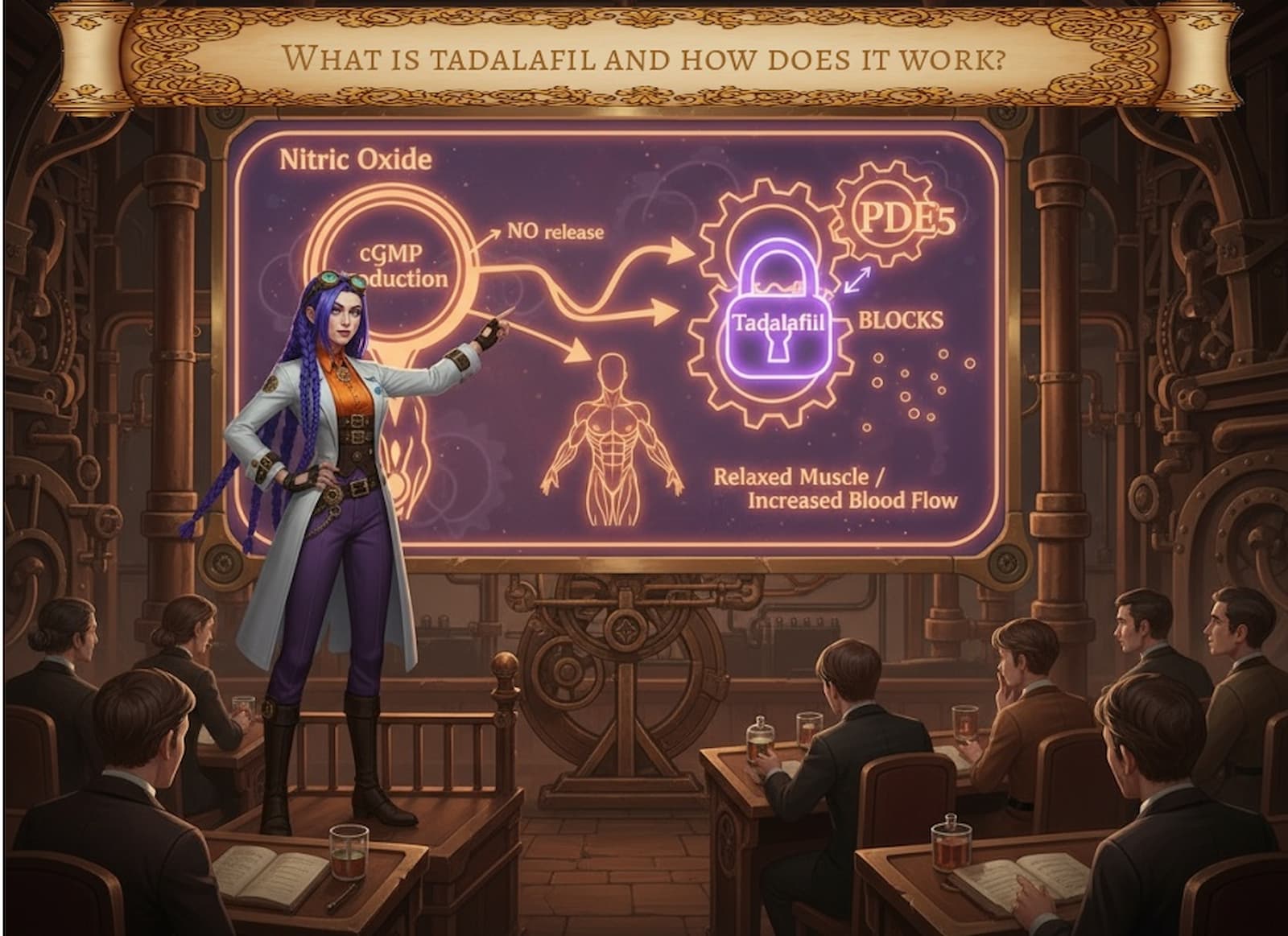 Dr. Rosalind Jex, with long purple braids and a white lab coat, stands at the front of a steampunk lecture theatre. She confidently points to a glowing diagram on a large screen showing how tadalafil works: nitric oxide leads to cGMP production, which relaxes muscles and increases blood flow, while tadalafil blocks the PDE5 enzyme. For more, visit https://courierstaging.mystagingwebsite.com
