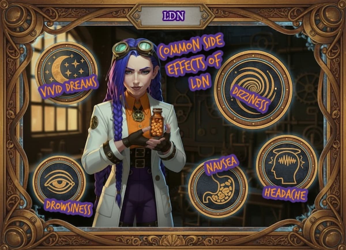 Dr Ada Jex?Cori in a steampunk pharmacy lab infographic showing common low dose naltrexone (LDN) side effects, including vivid dreams, dizziness, headache, nausea and drowsiness, from courierstaging.mystagingwebsite.com.