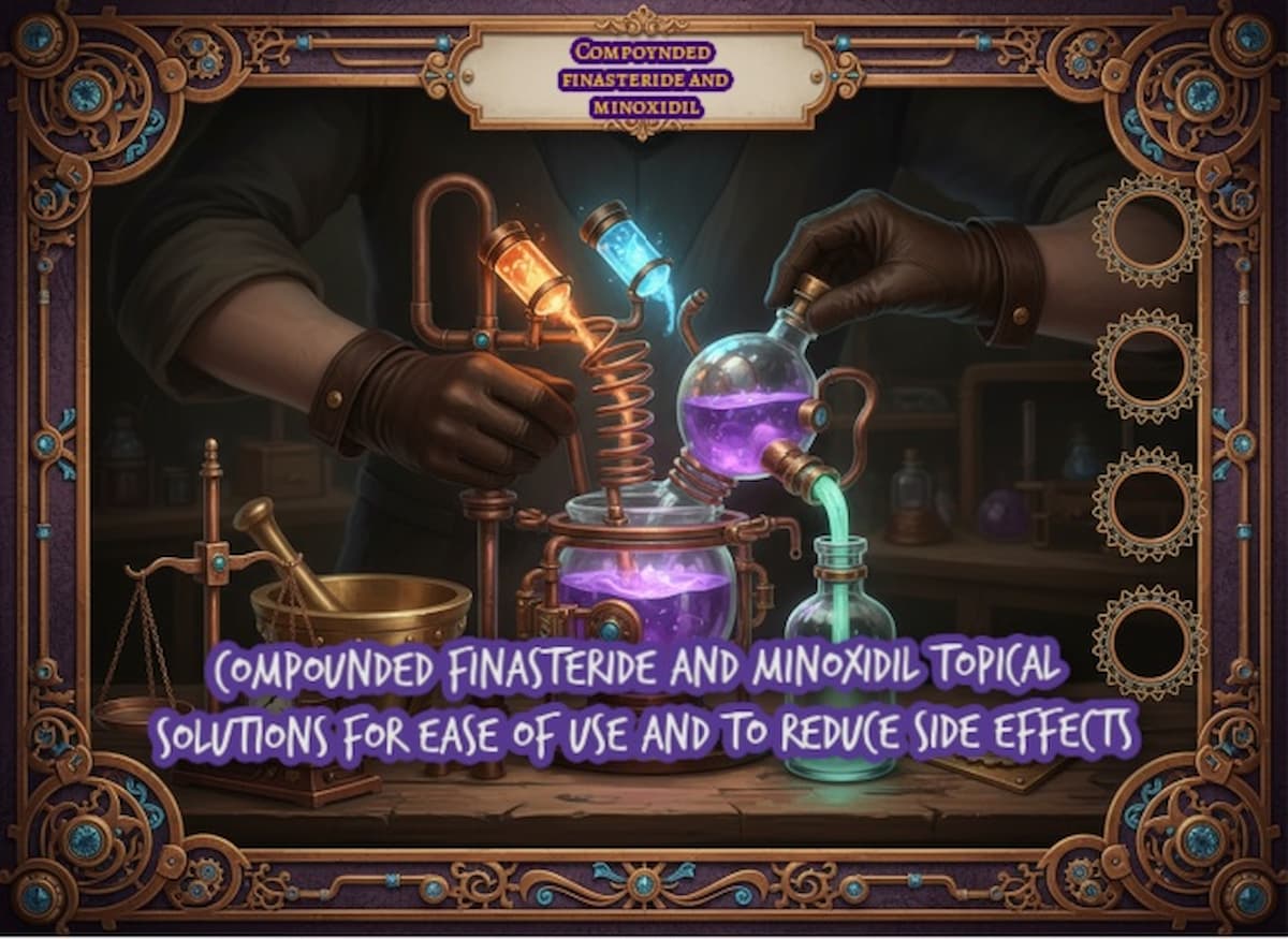 Steampunk compounding scene with gloved hands mixing coloured liquids in glassware, representing courierstaging.mystagingwebsite.com compounding a minoxidil + finasteride combination.