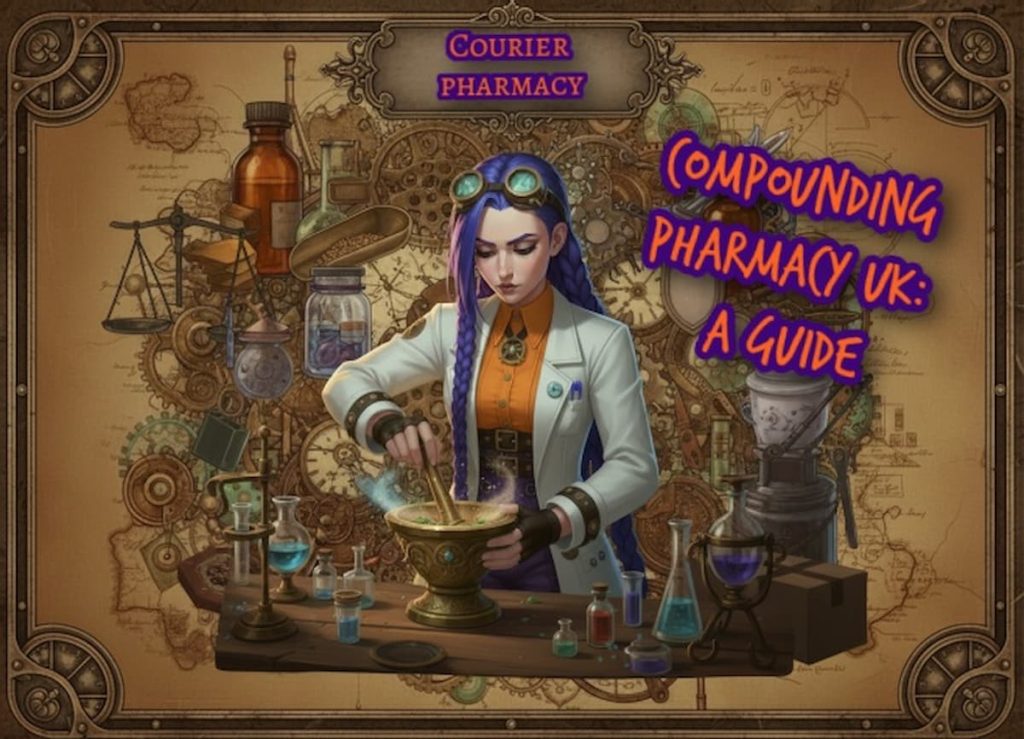 Dr Ada Jex Cori mixes a compounded preparation with a mortar and pestle in a steampunk pharmacy collage, representing bespoke treatments from a UK compounding pharmacy at courierstaging.mystagingwebsite.com.
