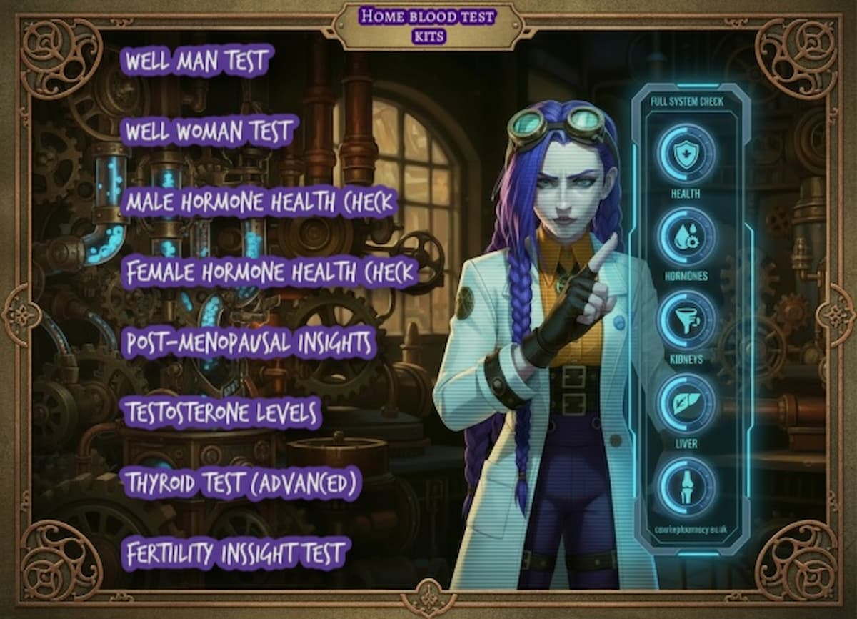 Dr Ada Jex-Cori in a steampunk lab lists available home blood test kits at courierstaging.mystagingwebsite.com, including Well Man, Well Woman, hormone, thyroid, and fertility tests.