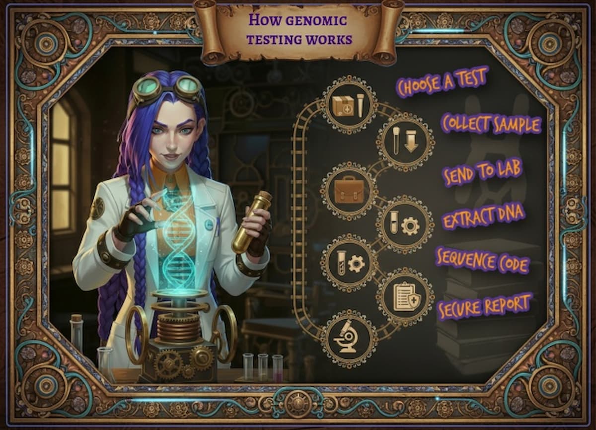 Dr Ada Jex Cori analysing a glowing DNA helix beside an icons-only pathway showing how genomic testing works, infographic for courierstaging.mystagingwebsite.com.