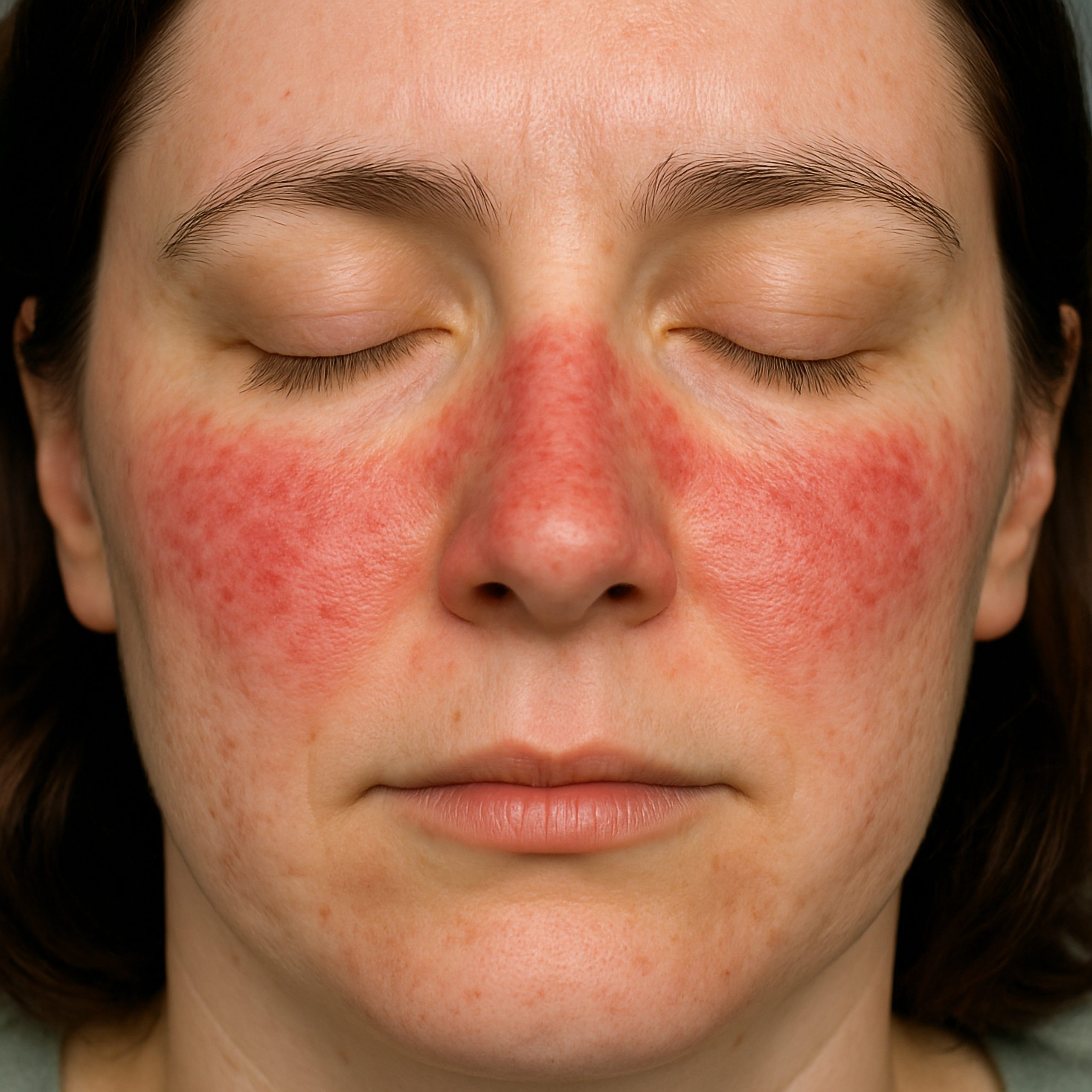courierstaging.mystagingwebsite.com image showing a woman with a lupus-style malar (butterfly) rash across the cheeks and bridge of the nose.