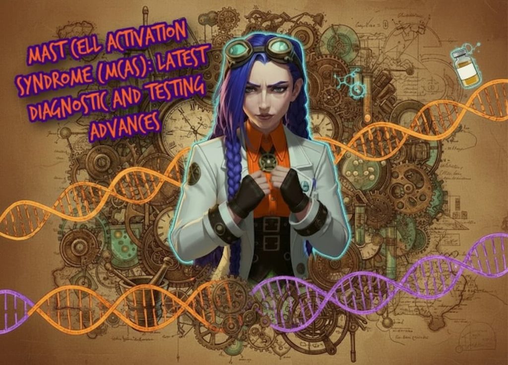 Dr Ada Jex?Cori in a steampunk pharmacy lab collage illustrating MCAS diagnosis, tryptase testing, urinary mediators and the Vienna Consensus at courierstaging.mystagingwebsite.com.