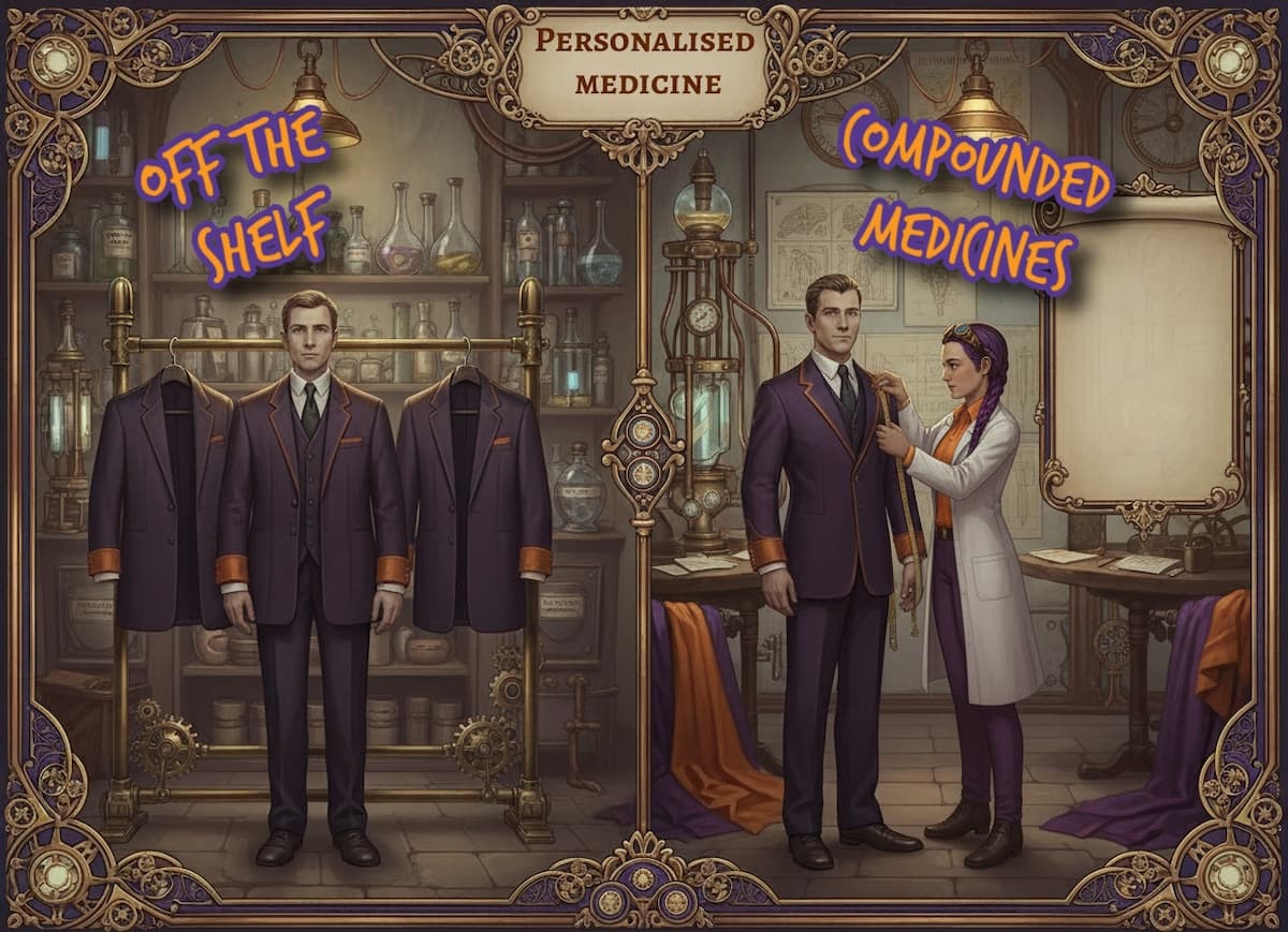 Split?screen infographic showing off?the?shelf medicine versus compounded medicine, using a suit fitting metaphor with Dr Ada Jex Cori measuring a patient for a tailored fit.