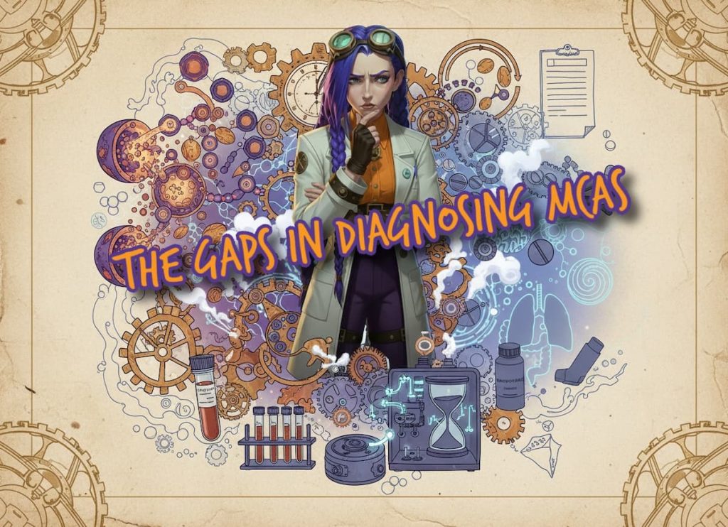 Stylised collage showing Dr Ada Jex Cori with mast cells releasing mediators, blood test vials for tryptase testing, anatomy symptom icons, and treatment tablets to illustrate challenges in diagnosing MCAS.