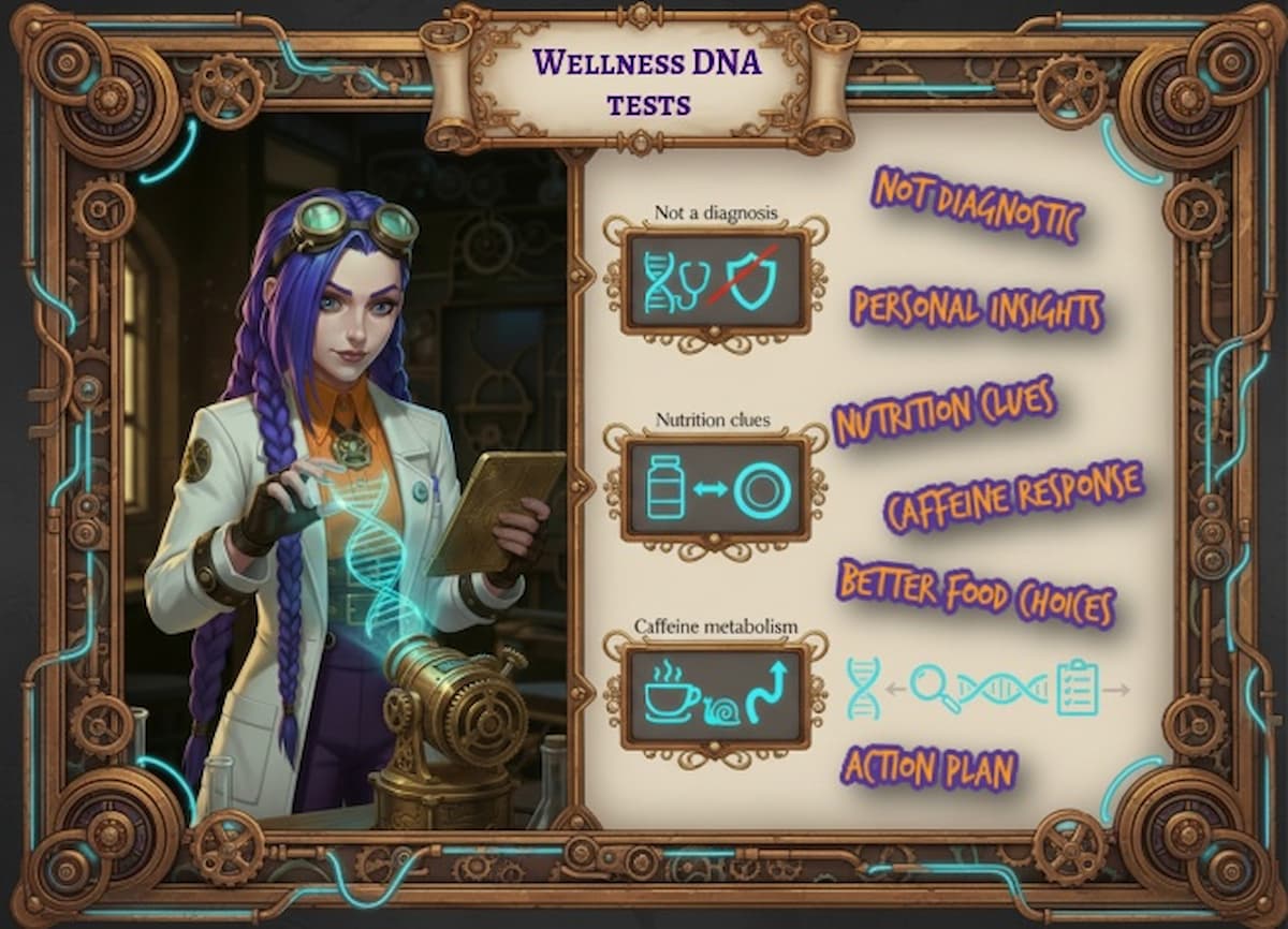 Dr Ada Jex Cori reviewing a glowing DNA strand beside icon panels showing what wellness DNA tests can tell you, infographic for courierstaging.mystagingwebsite.com.