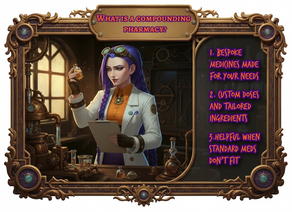 Dr Ada Jex Cori inspects a vial in a steampunk compounding lab, representing personalised medicines from a UK compounding pharmacy at courierstaging.mystagingwebsite.com.