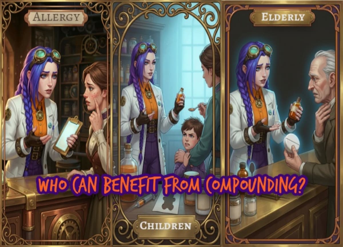 Three?panel infographic showing Dr Ada Jex Cori helping people who may benefit from compounding: a patient with a medicine?related rash, a parent and child refusing liquid medicine, and an older patient struggling with tablets.