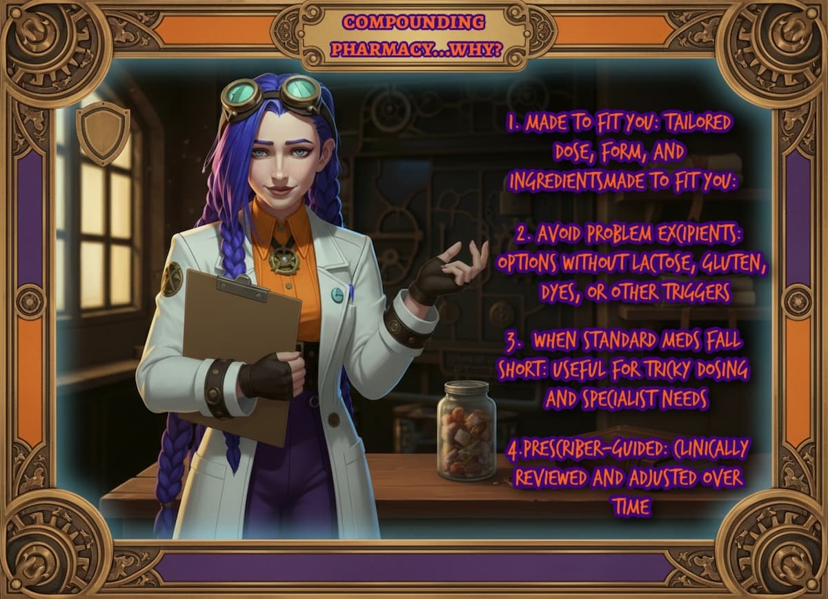 Dr Ada Jex Cori in a steampunk pharmacy lab with safety and quality cues, representing why patients choose a UK compounding pharmacy for bespoke treatments at courierstaging.mystagingwebsite.com.