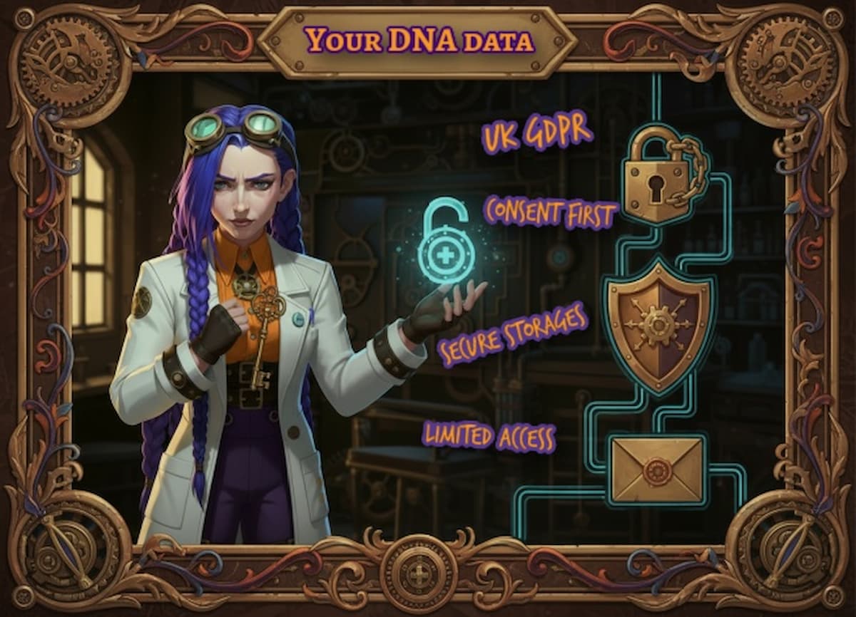 Dr Ada Jex Cori holding a key and a glowing security icon beside lock, shield and sealed envelope symbols in a steampunk lab infographic for courierstaging.mystagingwebsite.com.