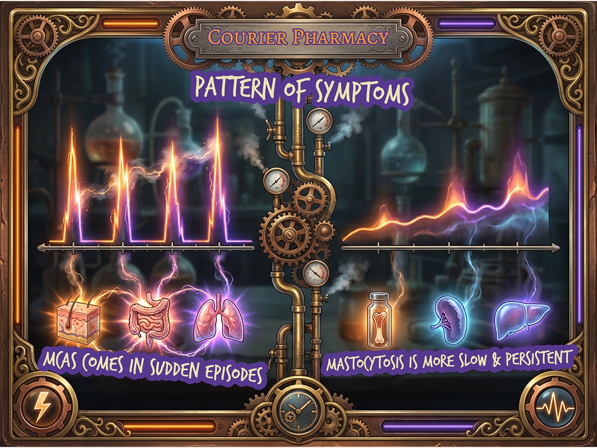 Courier Pharmacy infographic comparing the symptom patterns of MCAS (sudden episodes) versus mastocytosis (slow and persistent) using a steampunk graph display for courierstaging.mystagingwebsite.com.