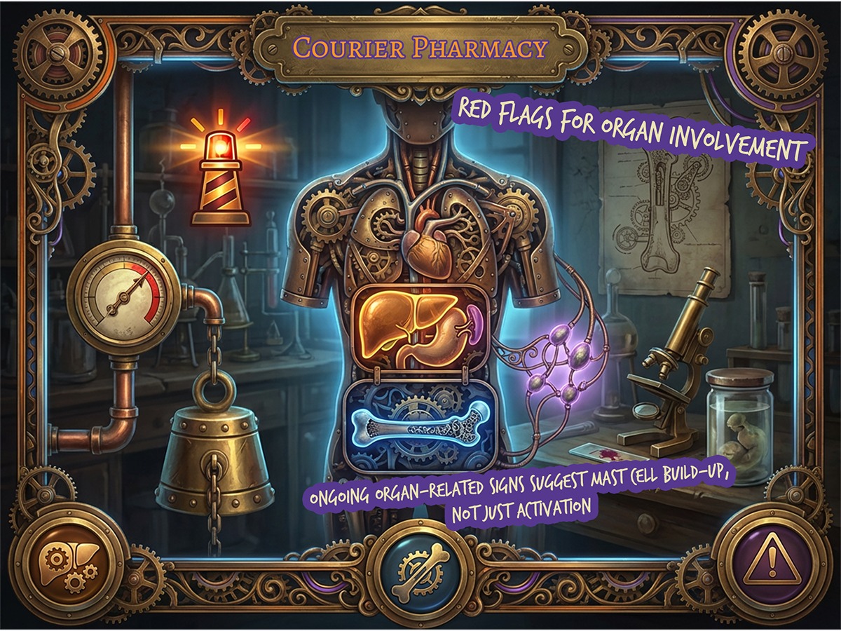 Courier Pharmacy infographic showing red flags that help differentiate MCAS from mastocytosis, highlighting organ involvement in a steampunk medical scene for courierstaging.mystagingwebsite.com.