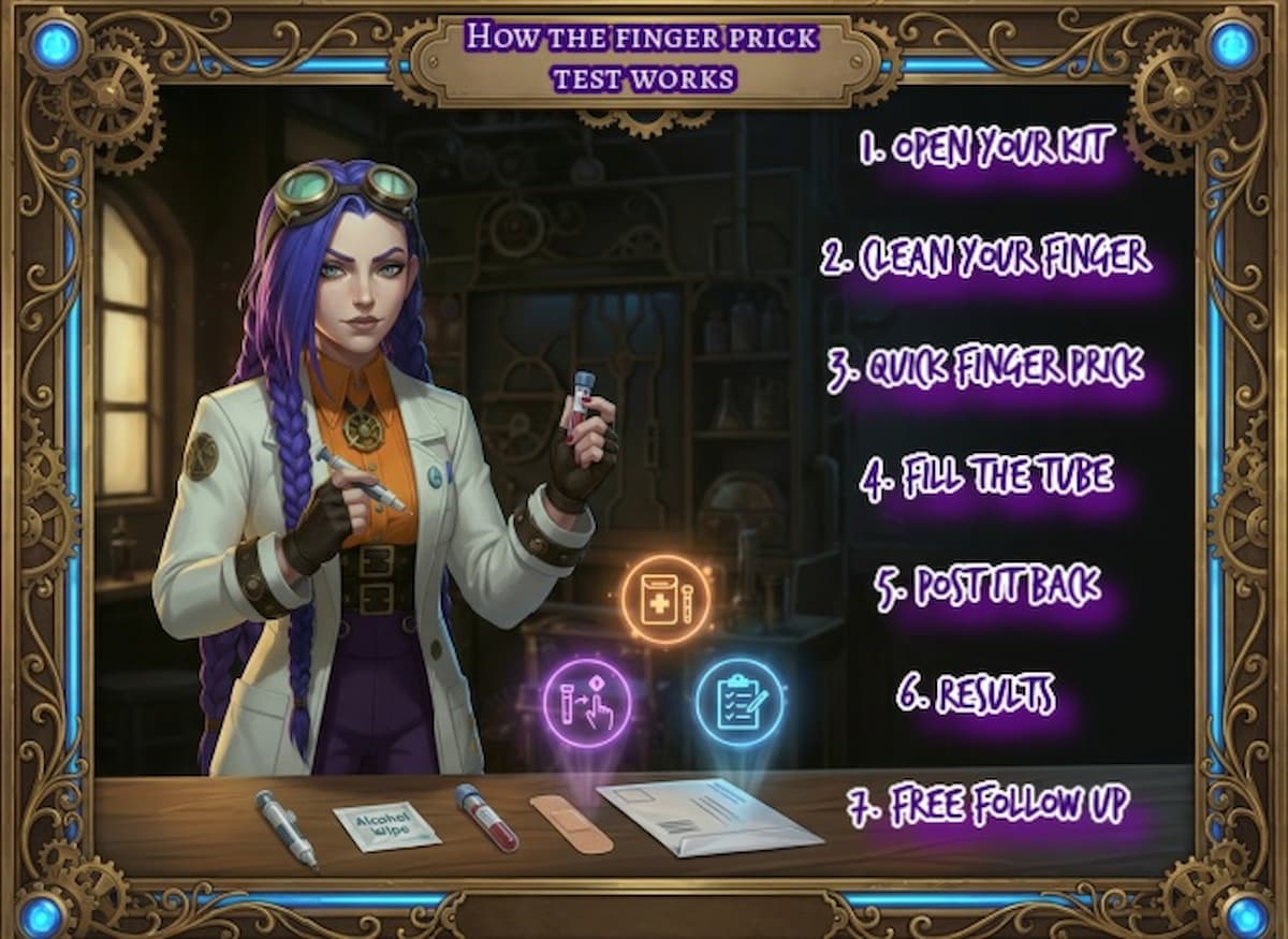 Dr Ada Jex Cori demonstrating a finger-prick home blood test kit in a steampunk lab for courierstaging.mystagingwebsite.com, with kit items laid out and glowing step icons.