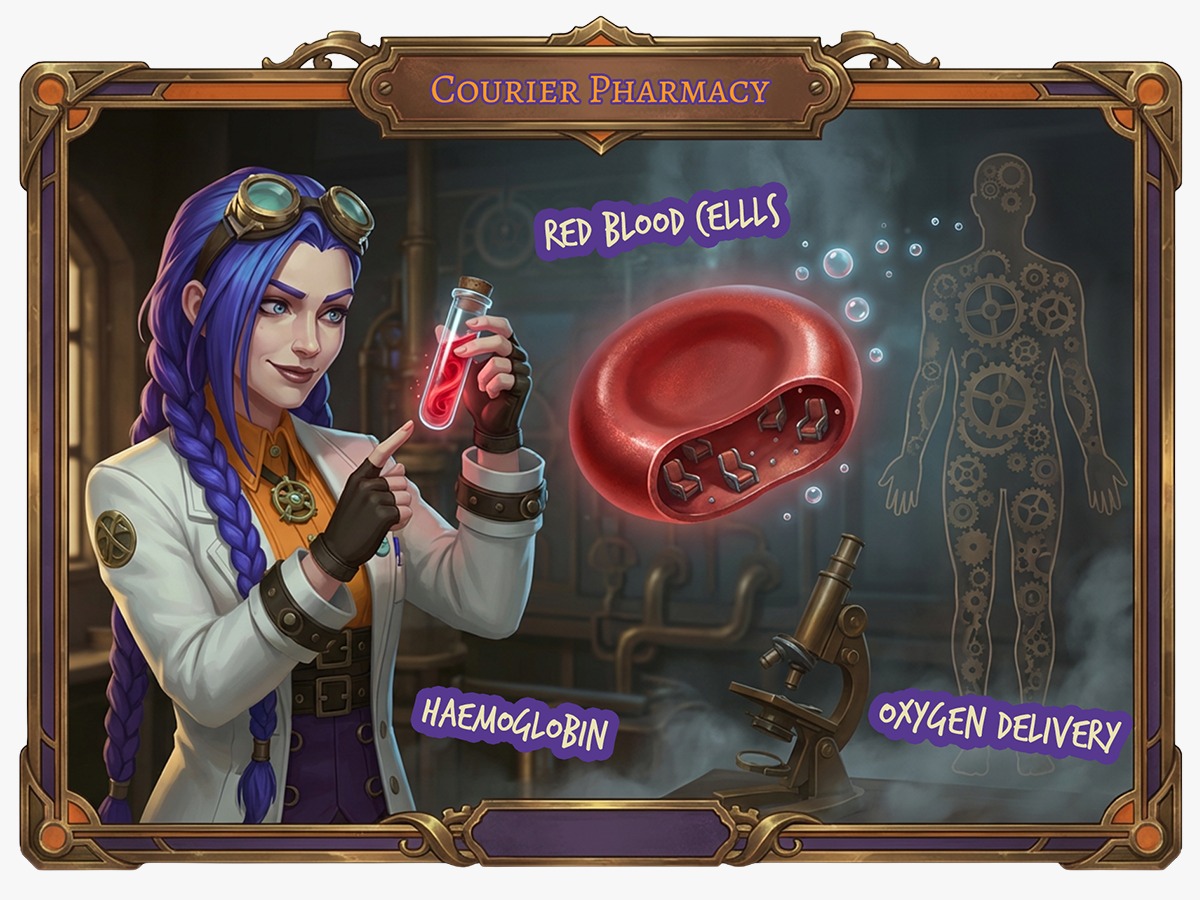 Dr Ada Jex Cori explains red blood cells, haemoglobin, and oxygen delivery in a Courier Pharmacy infographic for courierstaging.mystagingwebsite.com.