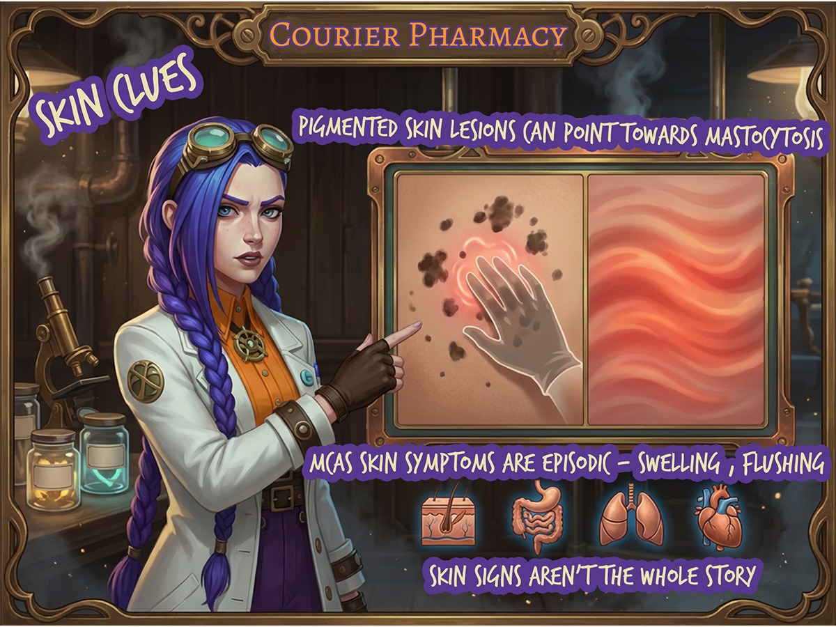 Dr Ada Jex Cori explains skin clues to differentiate mastocytosis from MCAS, showing pigmented lesions versus episodic flushing in a Courier Pharmacy infographic for courierstaging.mystagingwebsite.com.